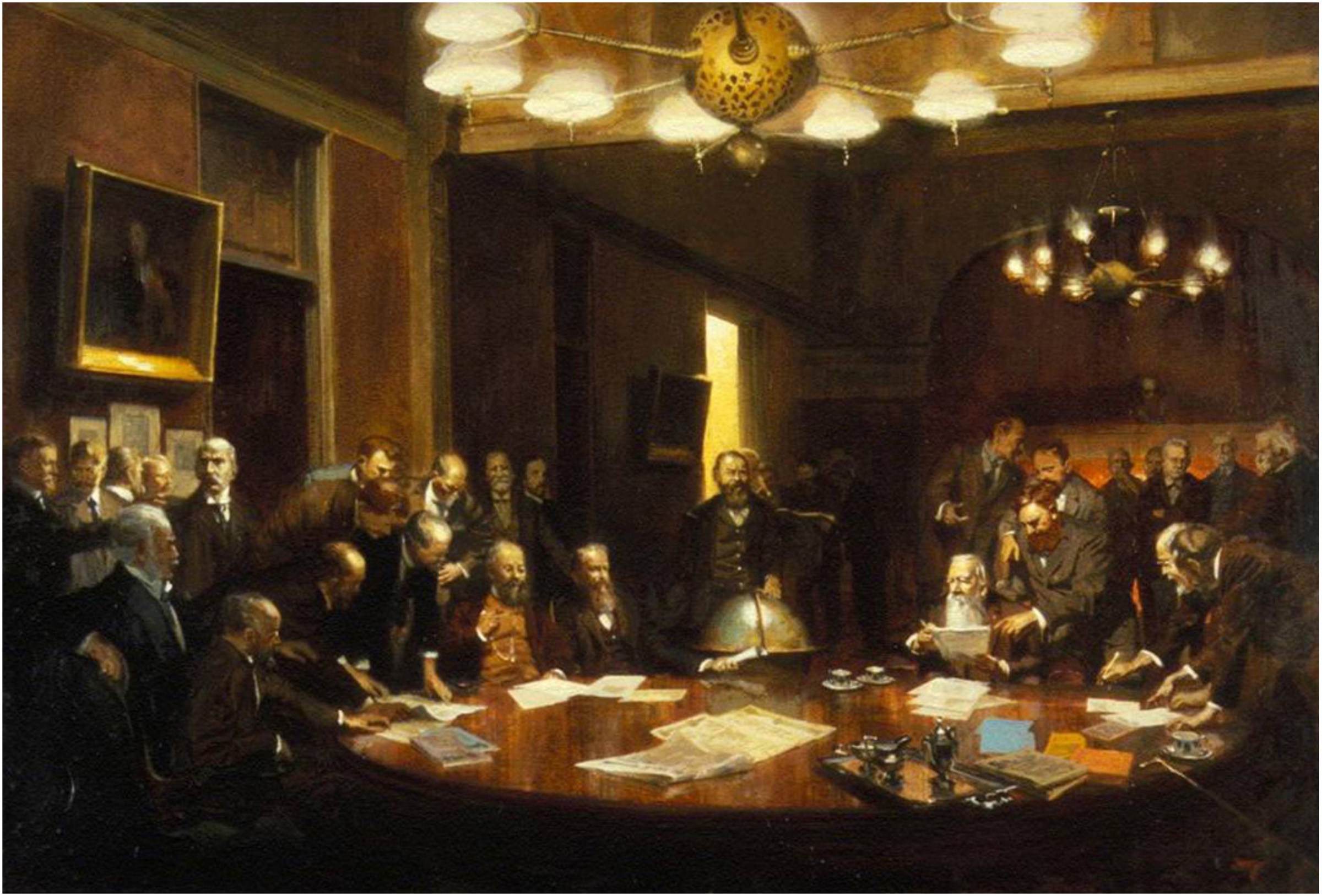 A painting depicts the 33 white men, many with beards, meeting at an opulently-appointed table inside an equally opulent room. By their dress and hairstyles, it appears the setting is in the 1800s. 