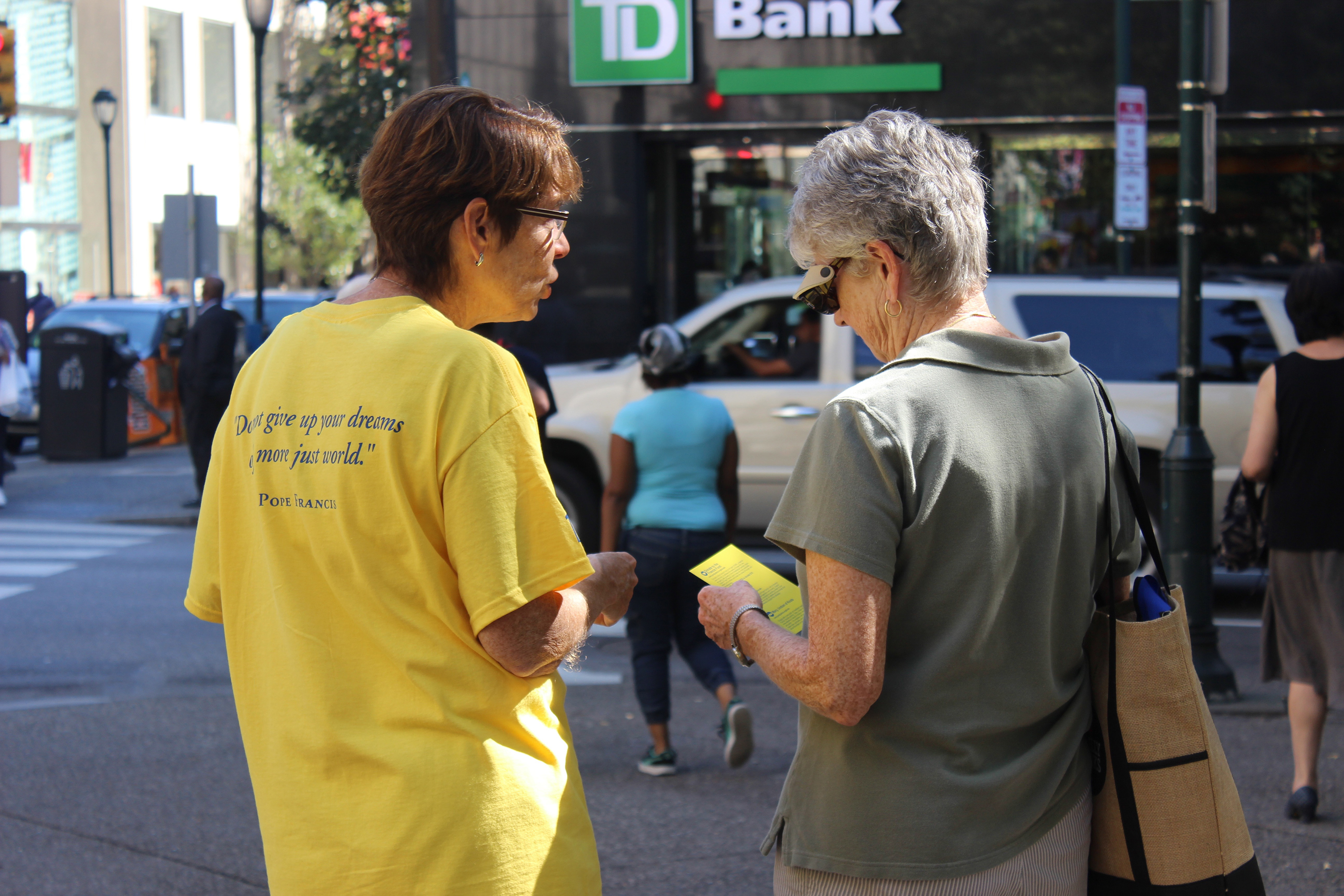 Sr. Mary Scullion, left, co-founder of ProjectHome in Philadelphia, took to the streets of Philadelphia on Thursday to drum up support for the Francis Fund, a $1.4 million fundraising effort to benefit the homeless in the run-up to Pope Francis’ visit.
