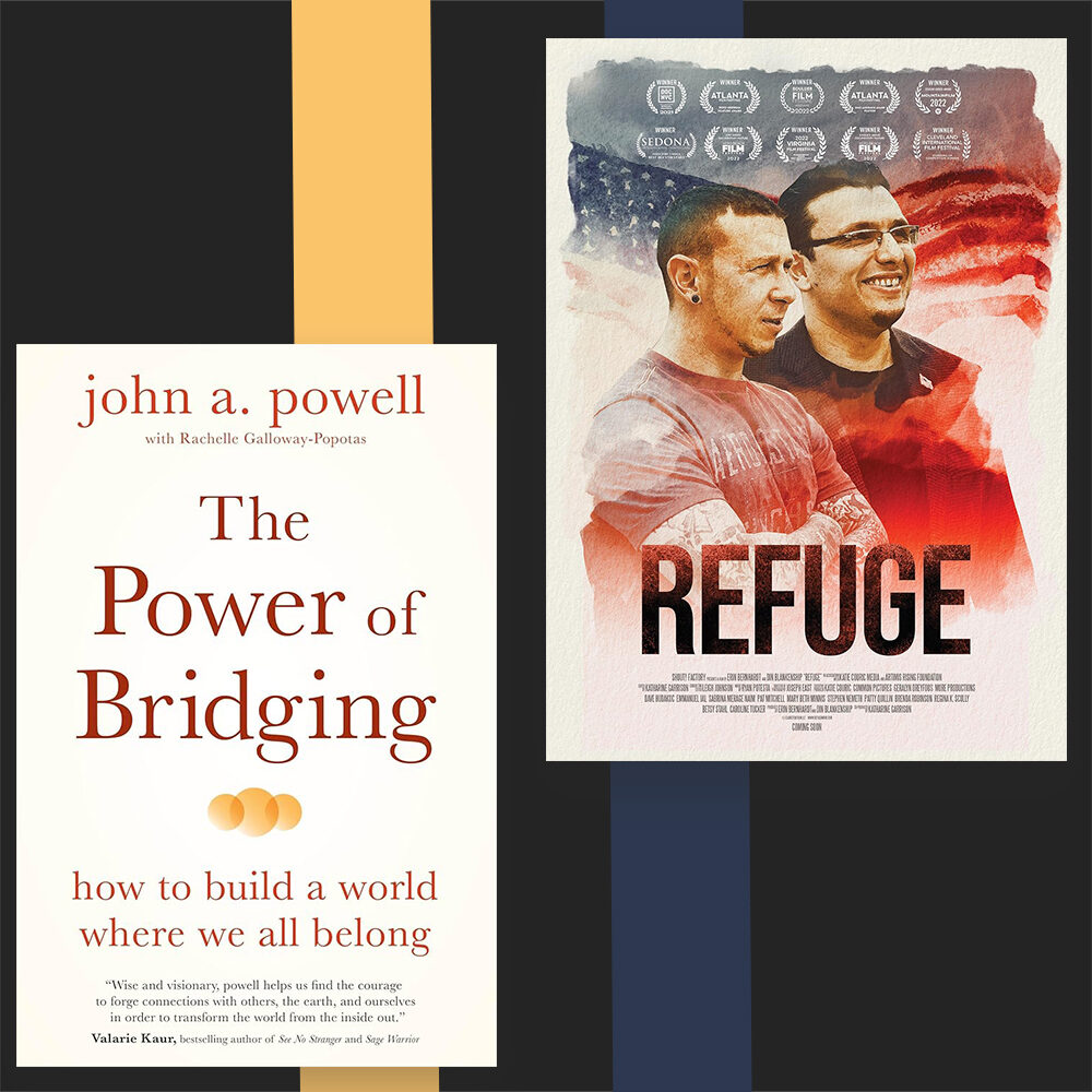 Book cover art of "The Power of Bridging" and "Refuge" on a colorful background 