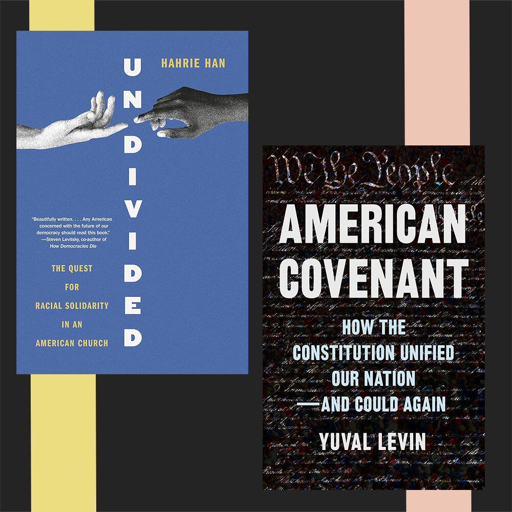 Book cover art of “Undivided” and “American Covenant” on a colorful background 