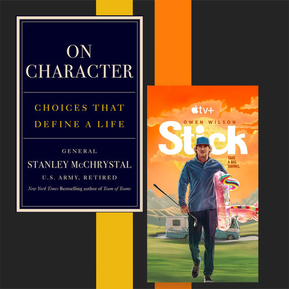 Book cover art of “On Character” and the streaming thumbnail of “Stick” on a colorful background 