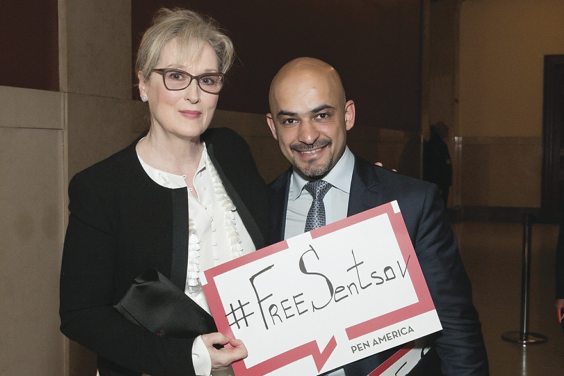 STAR POWER: Meryl Streep and Mustafa Nayyem, a member of Ukraine’s parliament, advocate for jailed Ukrainian filmmaker Oleg Sentsov at April’s PEN America Literacy Gala. The event raised $2 million. 
