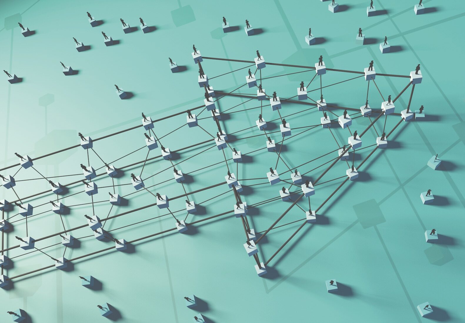 Illustration by Randy Lyhus shows tiny figures on blocks, with several linked together to form an arrow