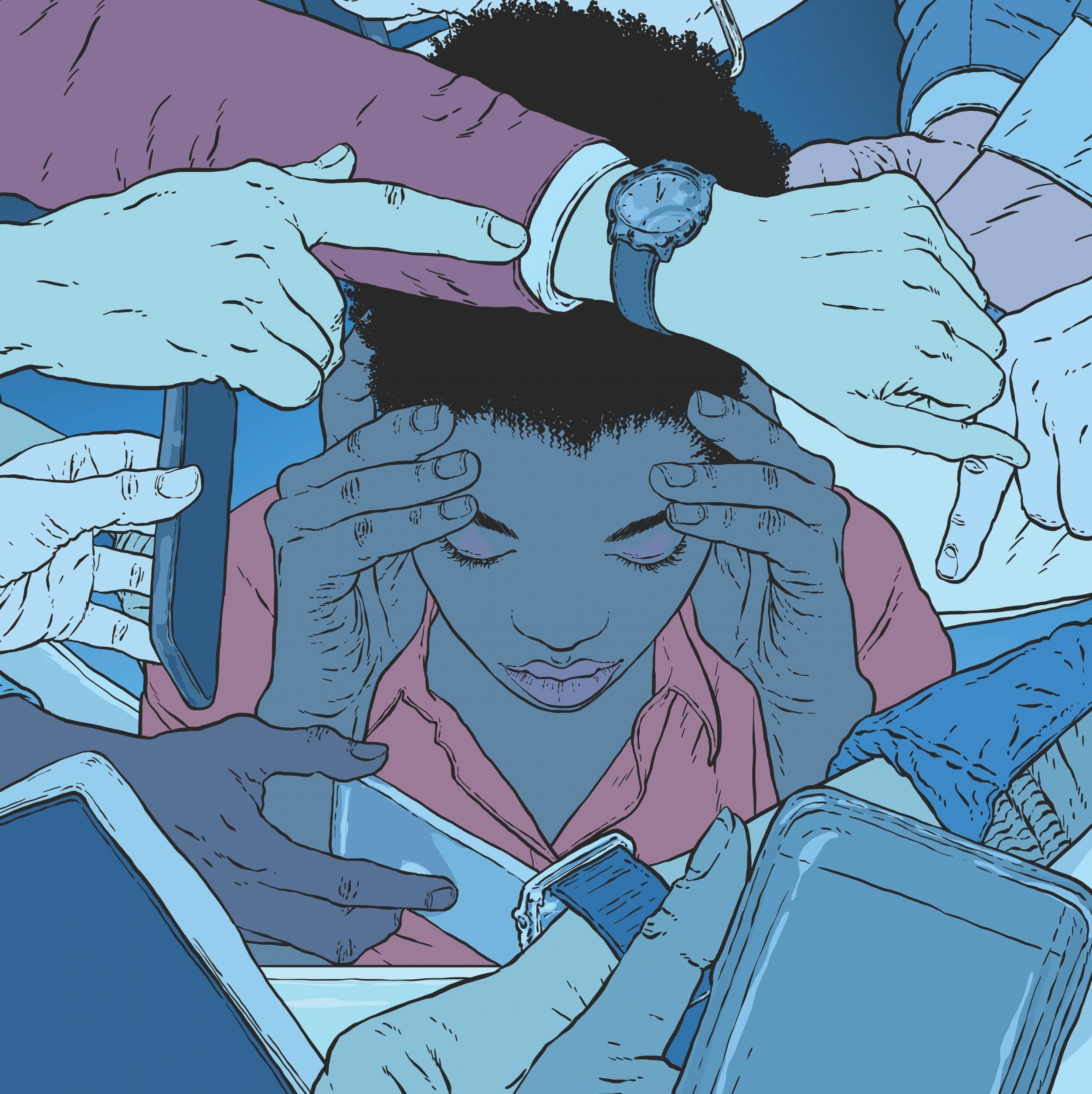illustration of a stressed out woman with hands to her head being pestered by demanding hands