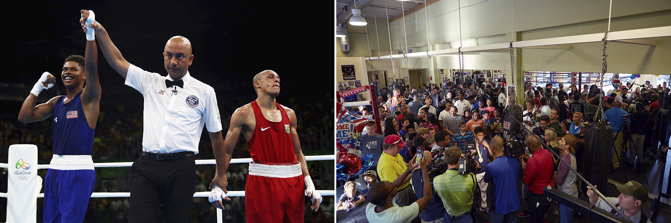 WINNING COMBINATION: At left, Shakur Stevenson of the U.S. boxing team celebrates a victory over Robenilson De Jesus of Brazil en route to a silver medal at the 2016 Olympics in Rio. At right, the Alexandria Boxing Club welcomes Mr. Stevenson home with a party.
