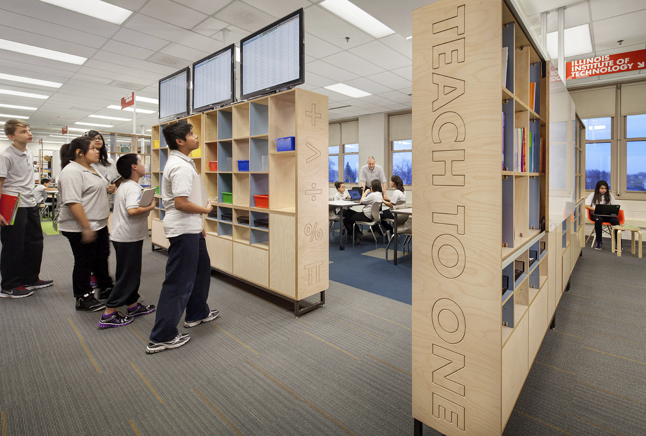The Teach to One Math Center at a Chicago elementary school has a “big board” that displays the individualized schedules and lessons each student will work on that day.