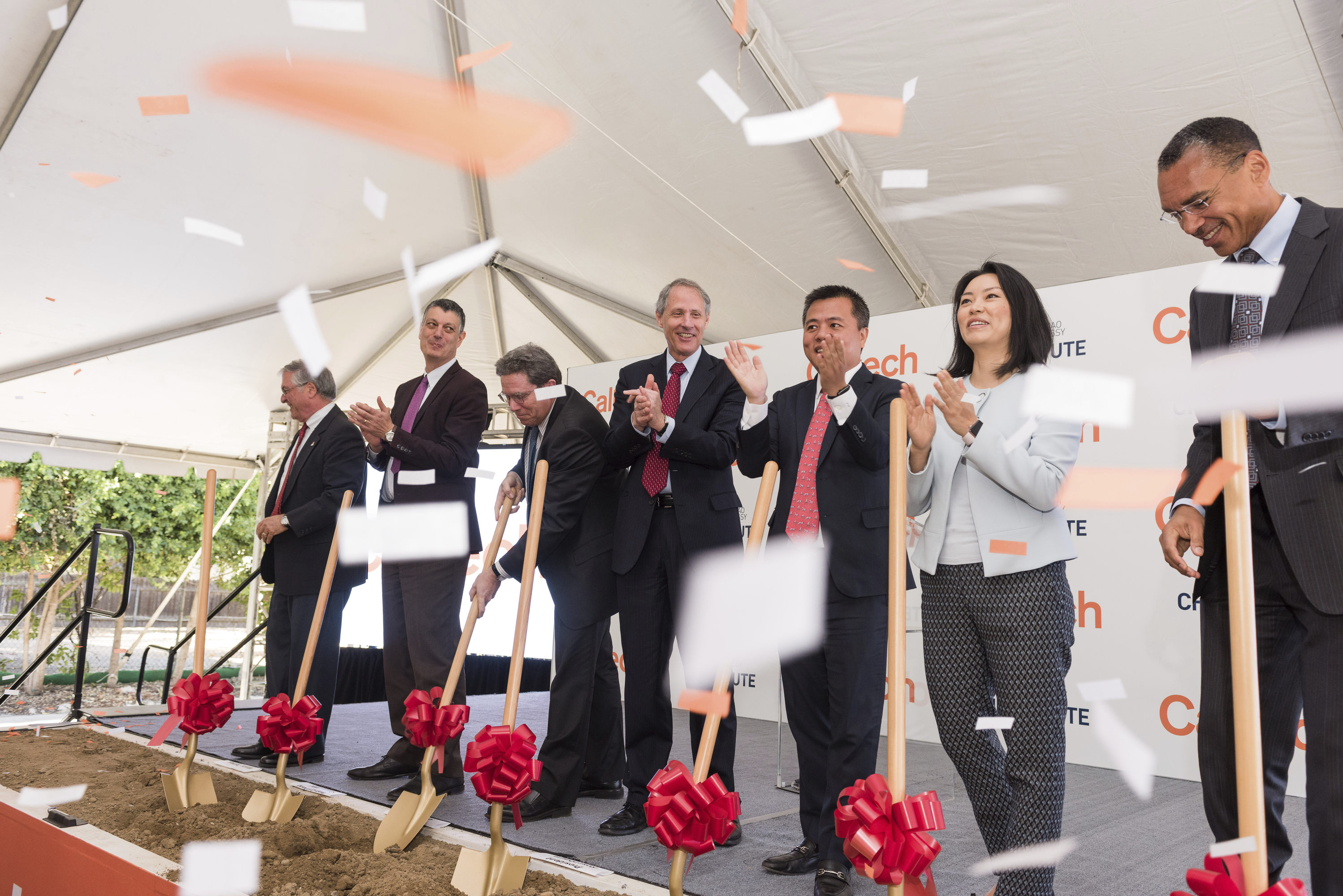Tianqiao Chen and Chrissy Luo with Caltech leadership at the groundbreaking of the Tianqiao and Chrissy Chen Neuroscience Research Building at Caltech.