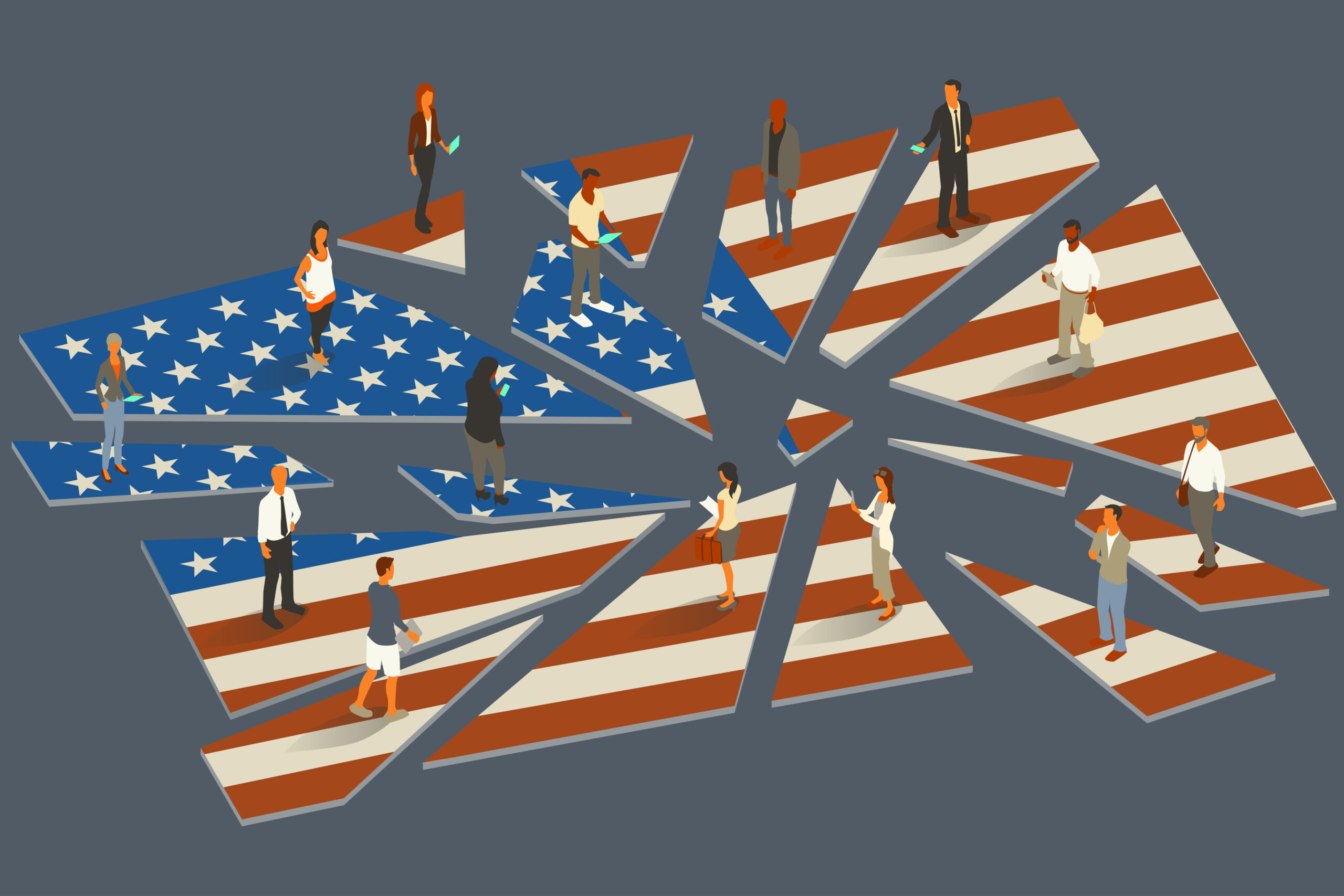 Isometric illustration of diverse people, many holding phones, standing on fragmented pieces of an American flag, symbolizing national division.