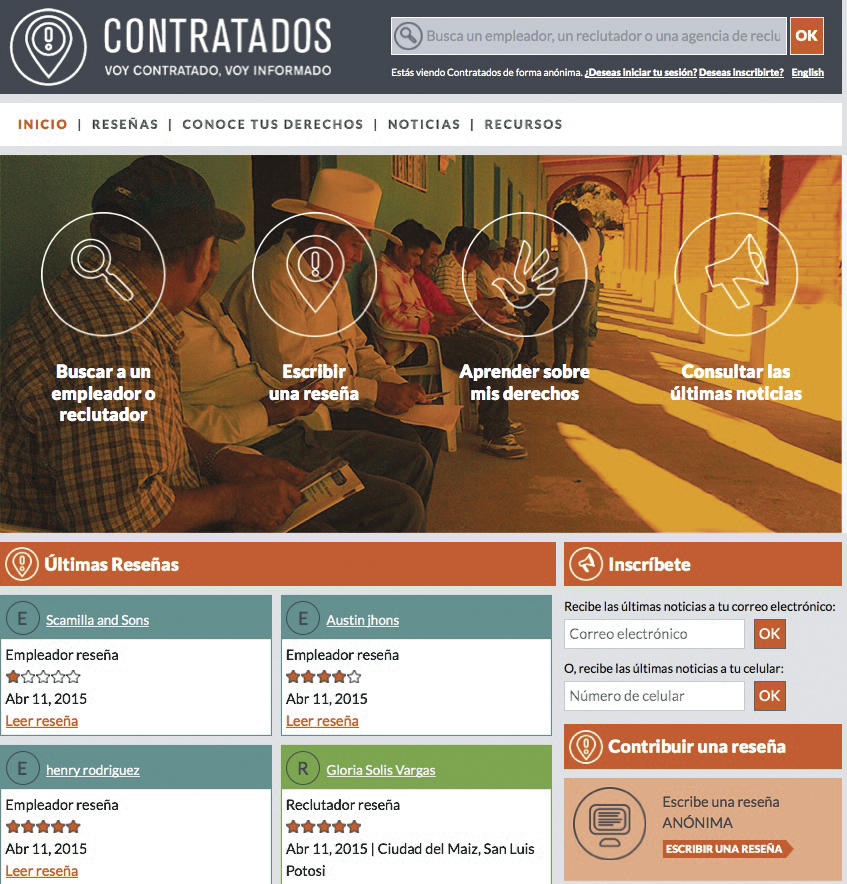 A VIRTUAL VOICE: Contratados, a website that lets migrant workers review employers, was designed based on laborers’ suggestions.