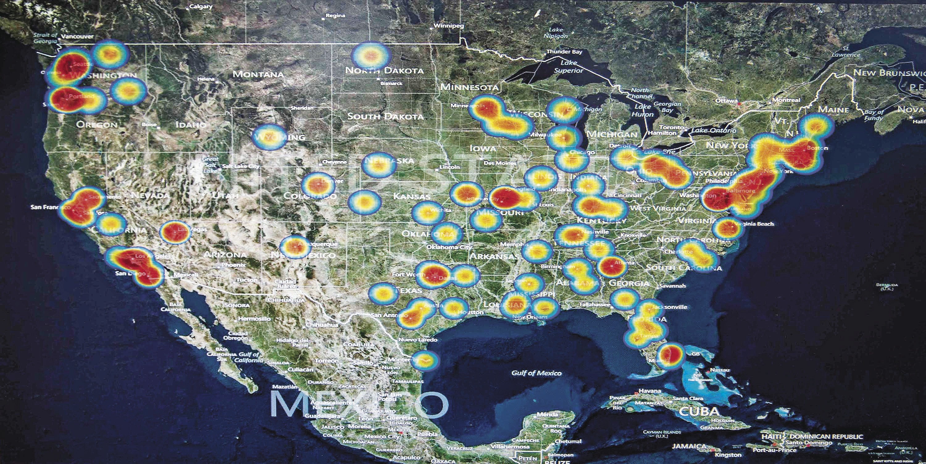 CATCHING BAD GUYS: A Polaris heat map shows human-trafficking activity nationwide —
information that comes from the organization’s victims’ hotline.