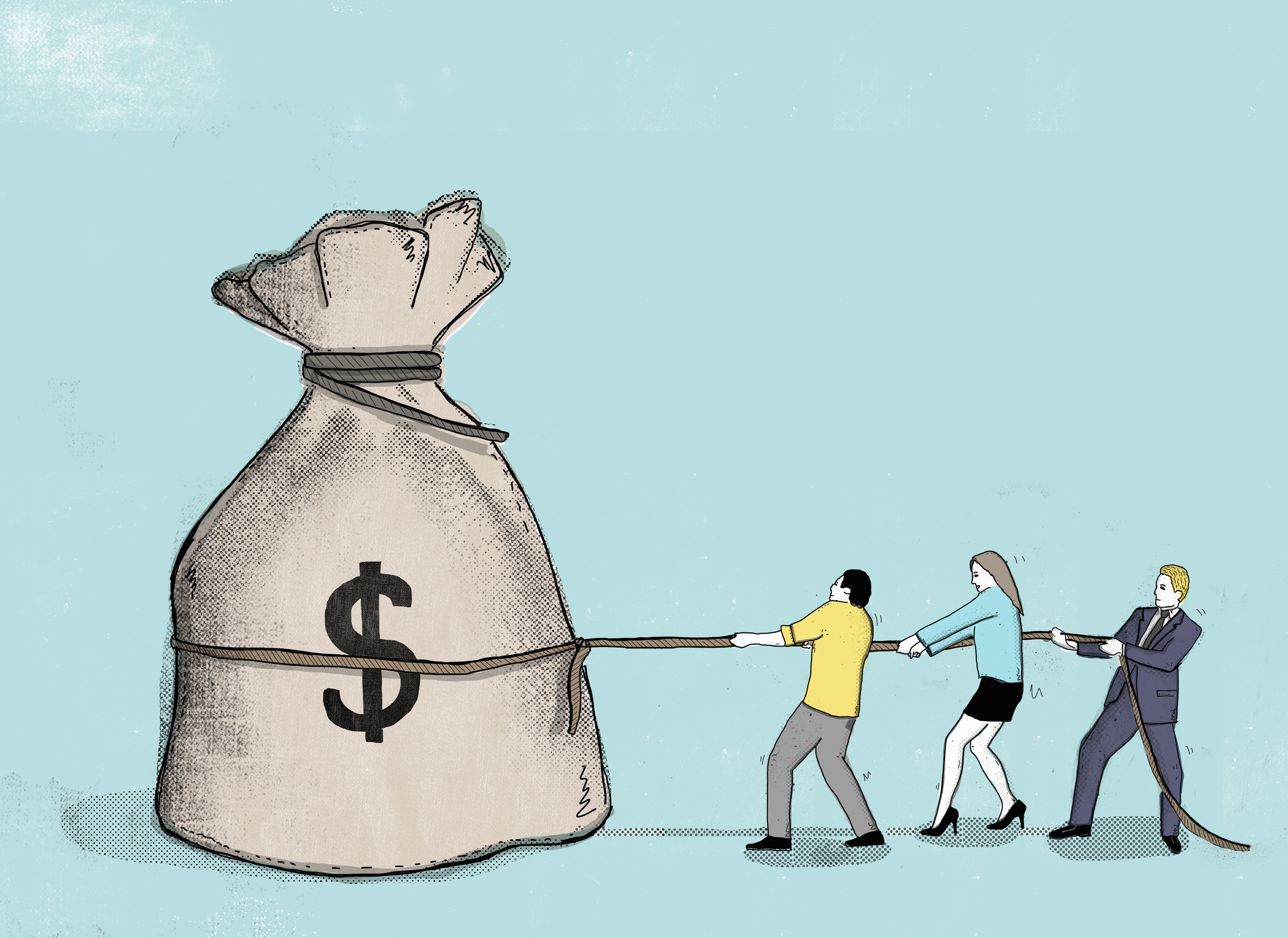 Businessman and couple pulling at rope around large dollar sign money bag  (Ikon Images via AP Images)