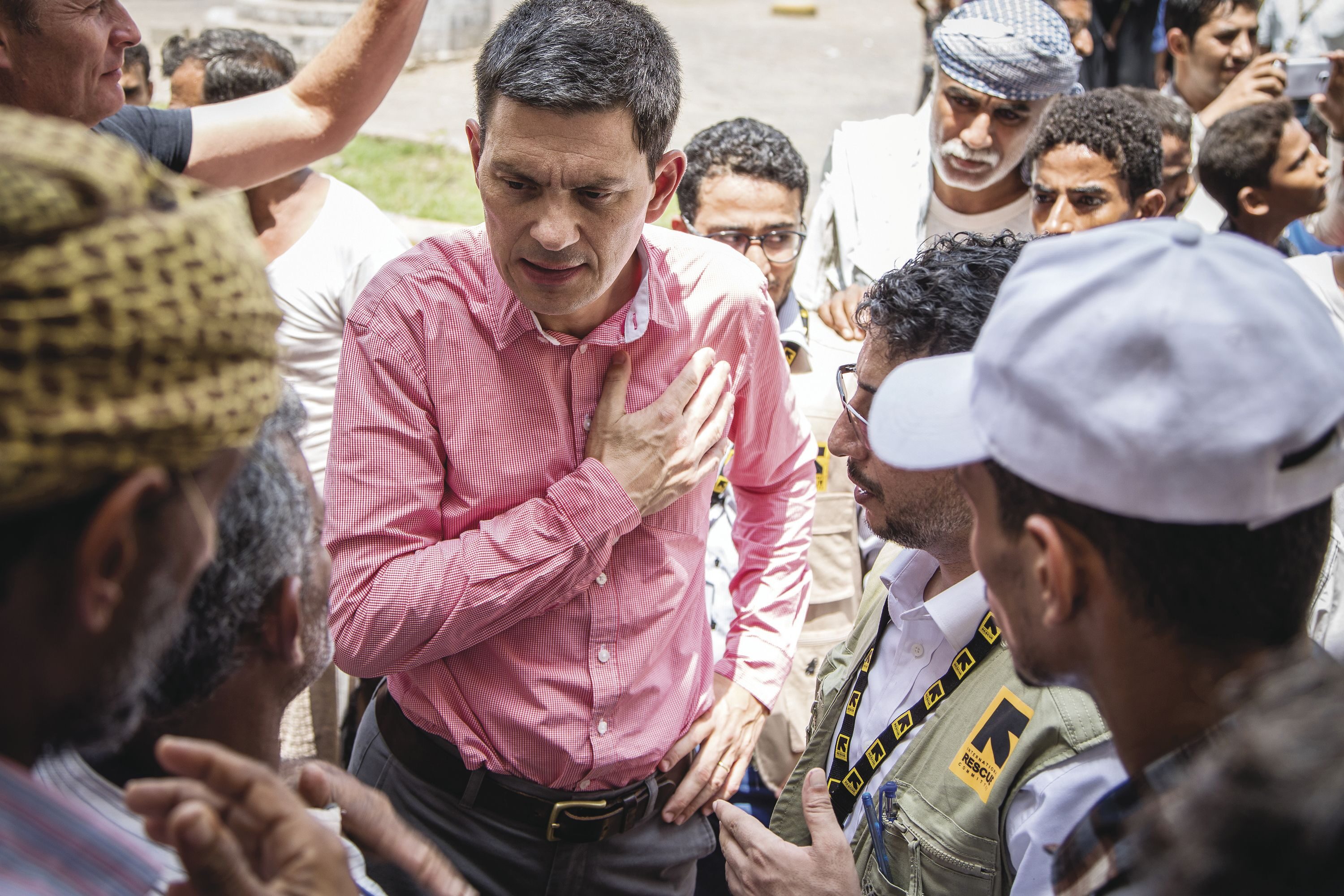 Aid groups are dealing with political, environmental, and economic crises all over the world, says IRC chief executive David Miliband, shown here in Yemen. “We’re a growth industry, for all the wrong reasons.”