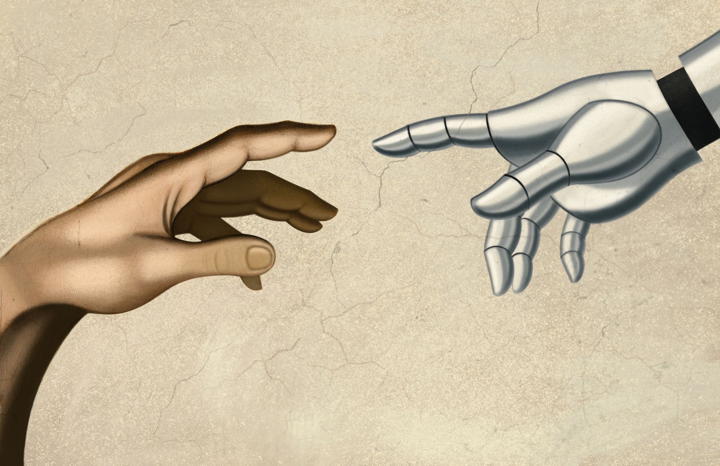 Illustration showing a human hand reaching out to a robot hand, after Michelangelo's "The Creation of Adam"