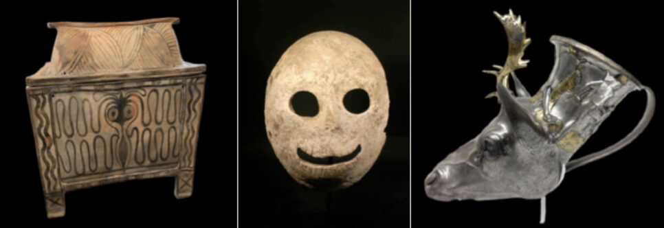 Pictured (from left to right): The Larnax, a Death Mask, and Stag’s Head Rhyton.