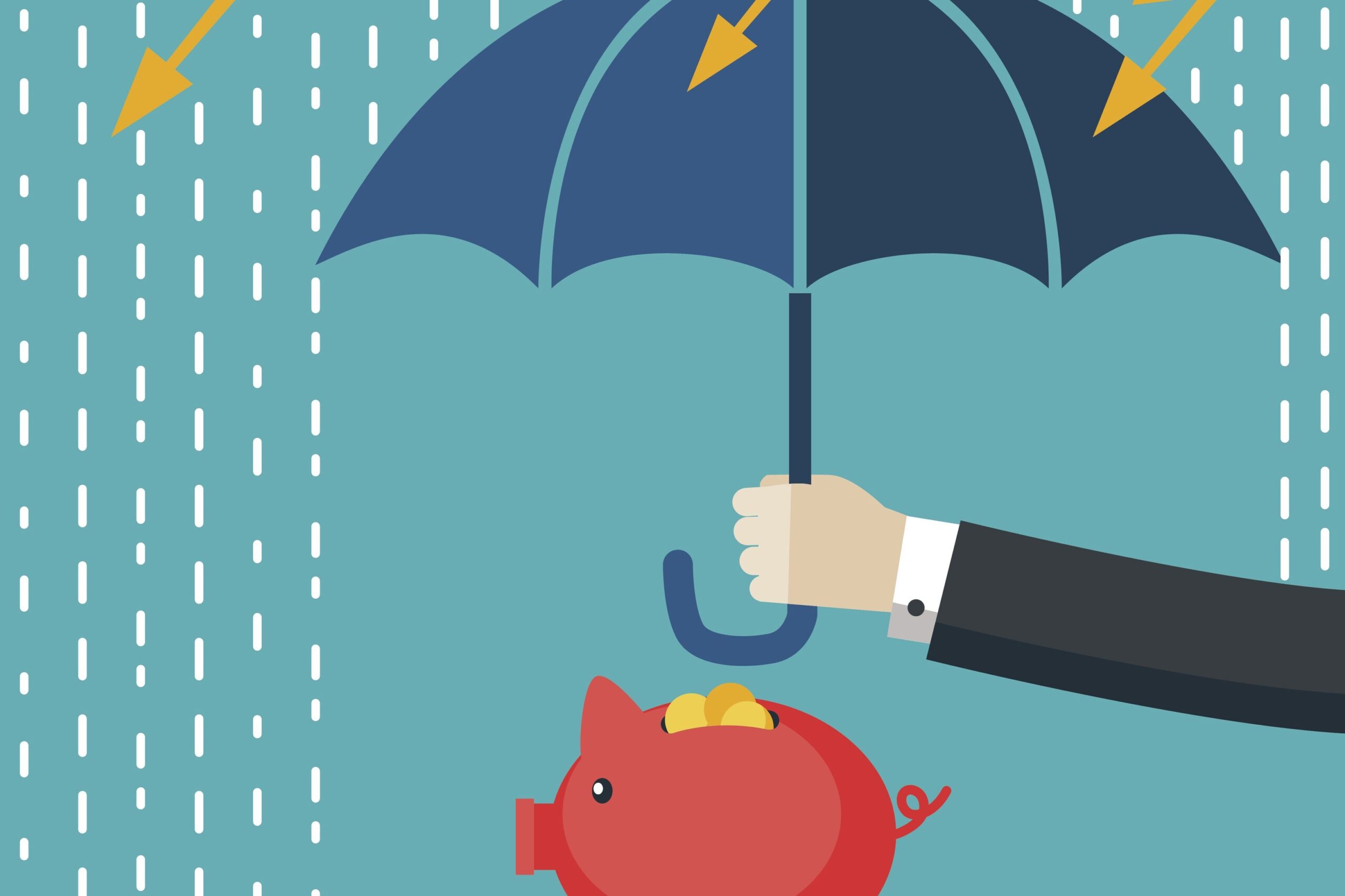 illustration of a piggy bank protected by an umbrella from rain and lightning