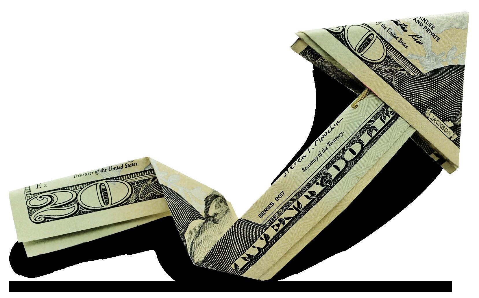 Folded dollar bill in the shape of an arrow