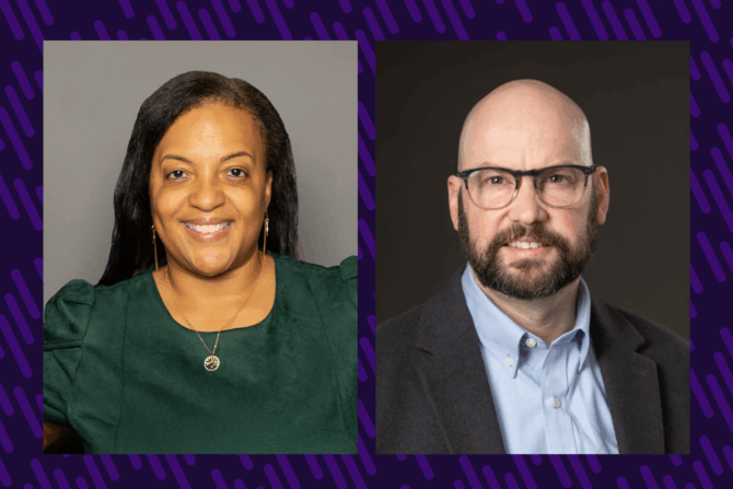 A combination photo of a woman in a dark green dress on the left and a man in a business suit on the right. He is wearing glasses and a beard.