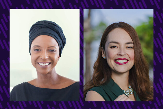 A combo photo of two women. The woman on the left wears her hair in a turban, and the women on the right wears her hair long with a jeweled necklace.