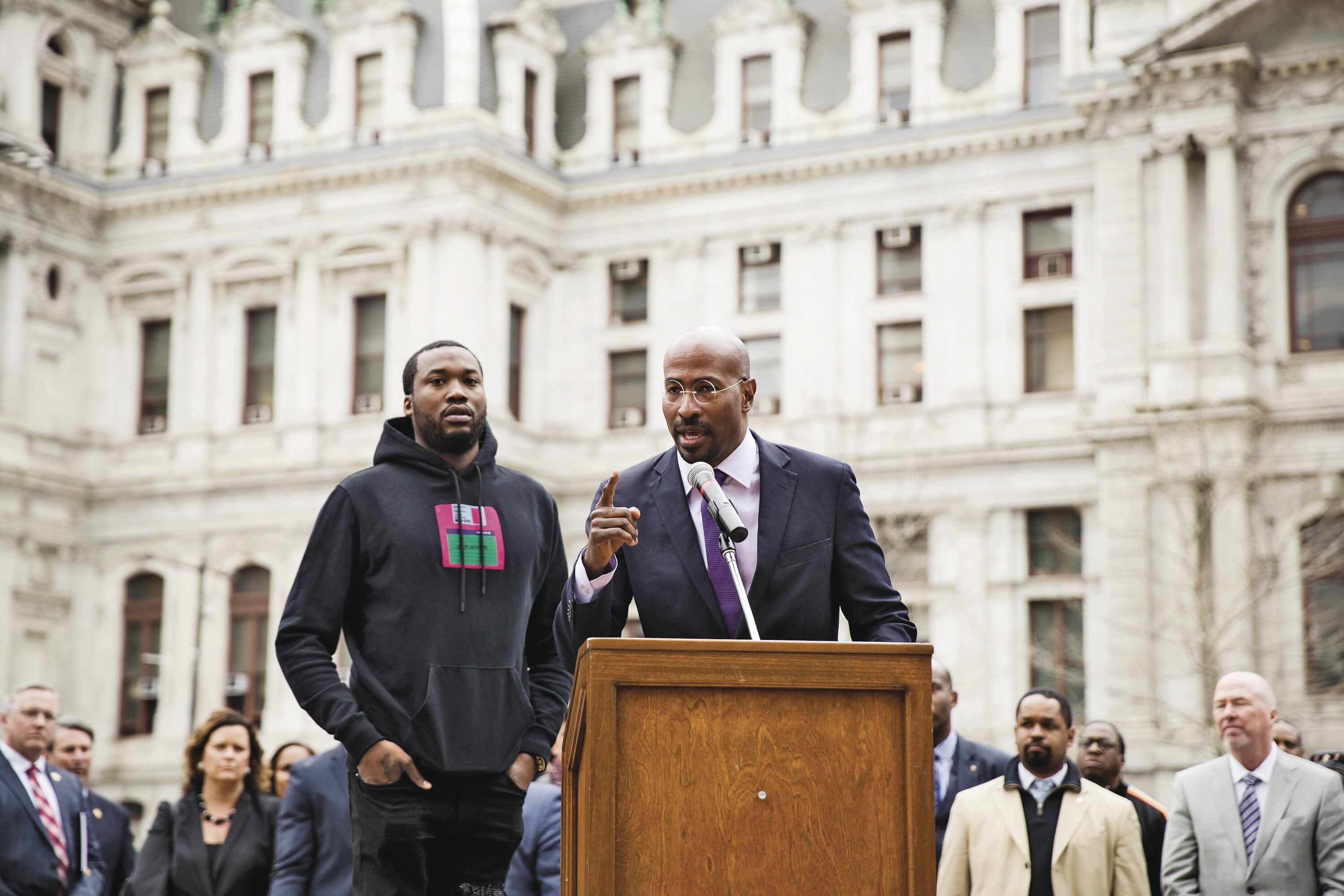 Color of Change was founded by Van Jones (right), shown here at a Philadelphia protest of the bail system, accompanied by recording artist Meek Mill. Jones says what makes Rashad Robinson stand out is that he “doesn’t use his big-tech platform to get people to stand behind him. He uses it to give voice to others — to let a million-plus people speak for themselves.”