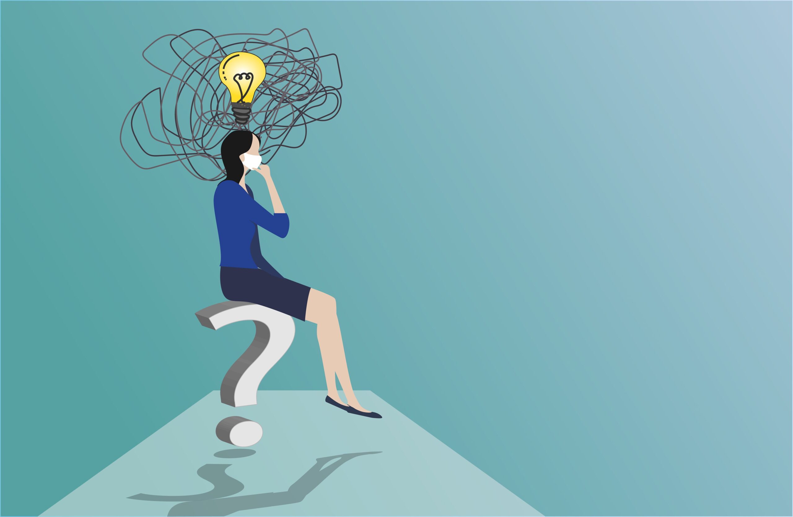 Girl solving a problem. Business concept. Thinking. Contemplate. Thought bubble, question mark.