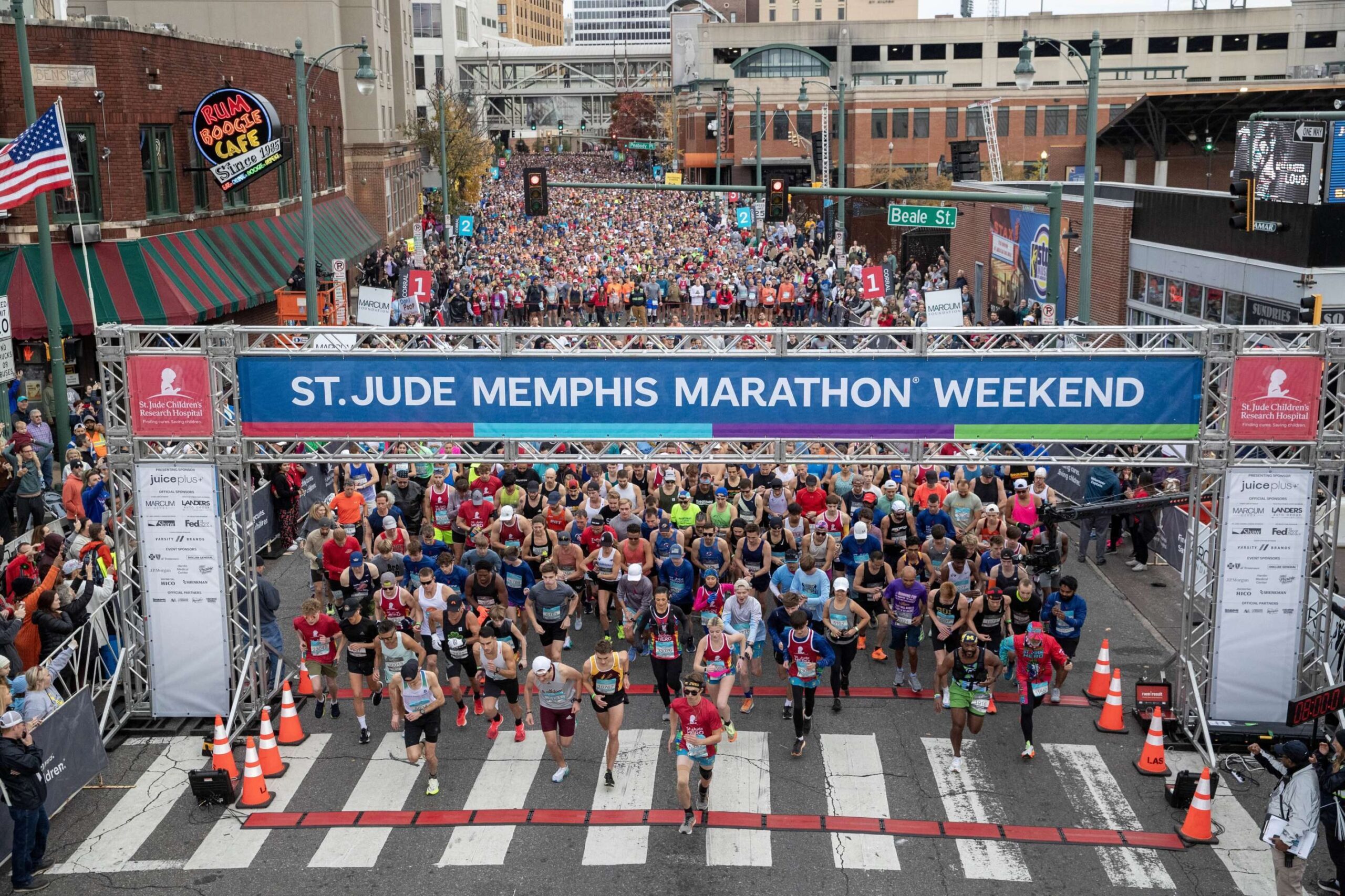 Supporters of St. Jude Children’s Research Hospital participate in the 2023 St. Jude Memphis Marathon Weekend presented by Juice Plus+ on Dec. 2, 2023 in Memphis, Tenn. More than 20,000 participants representing all 50 states and 72 countries, including more than 1,350 patient families are participating in the event. Since its inception, the St. Jude Memphis Marathon has raised more than $123 million for the life-saving mission of St. Jude.