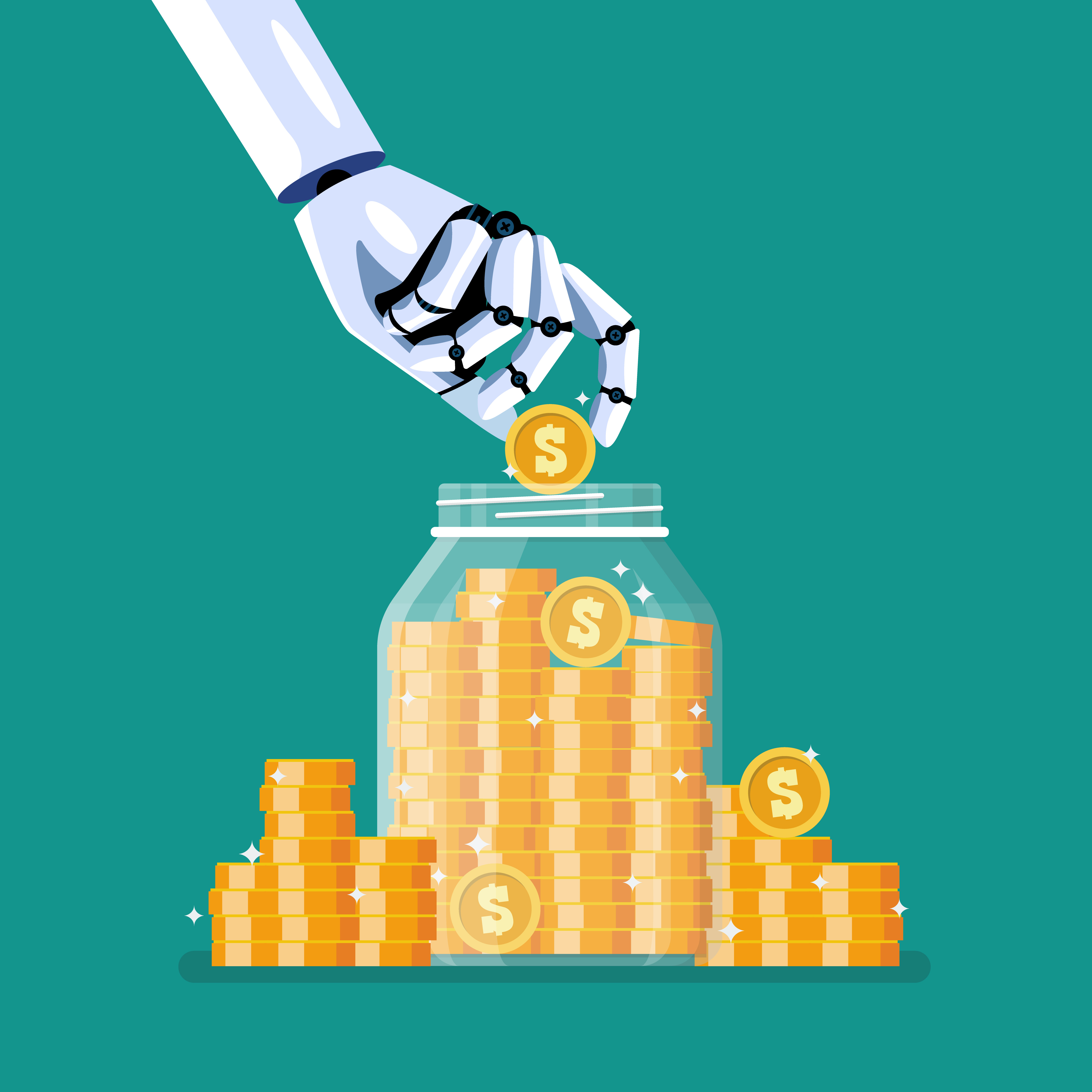 Robot hand and saving coins in glass jar. Artificial intelligence. Vector illustration