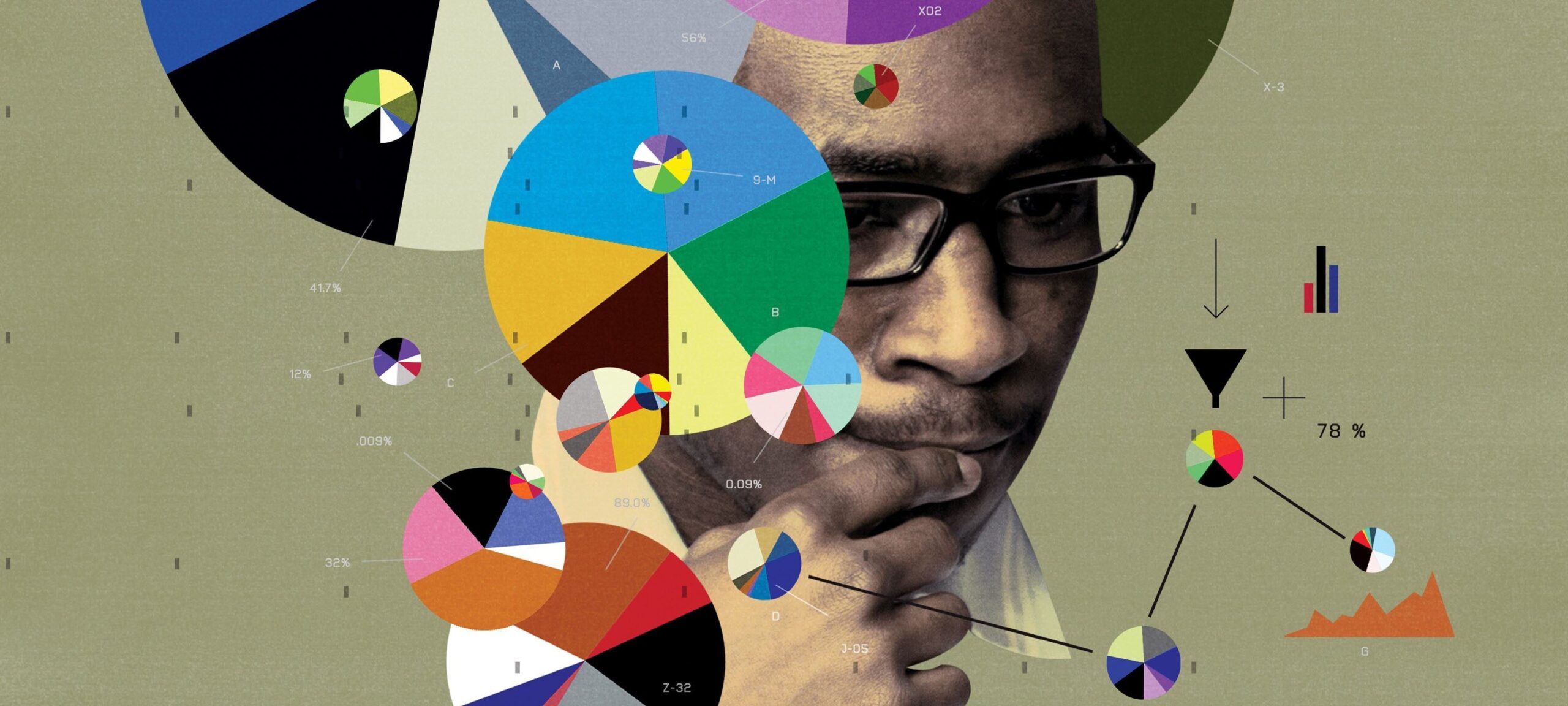 Illustration showing a thinking man and a swarm of pie charts and data points