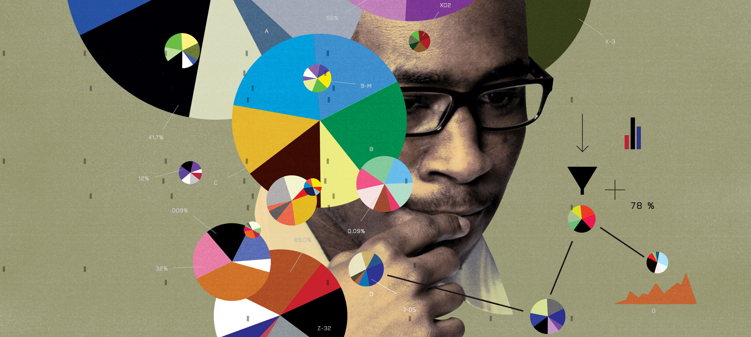 Illustration showing a thinking man and a swarm of pie charts and data points