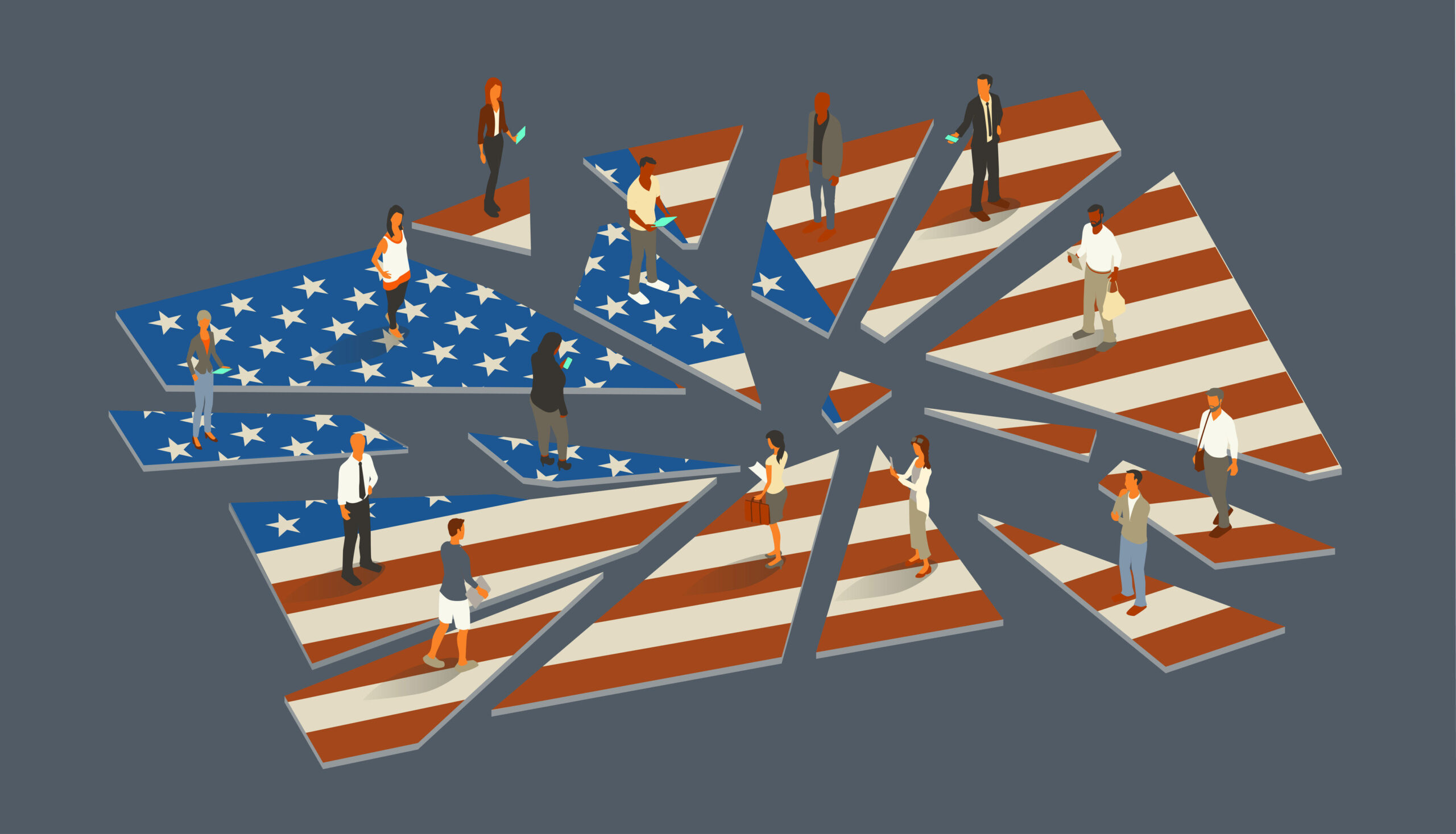 Fourteen contemporary people stand on the pieces of a shattered United States flag. (Getty Images)