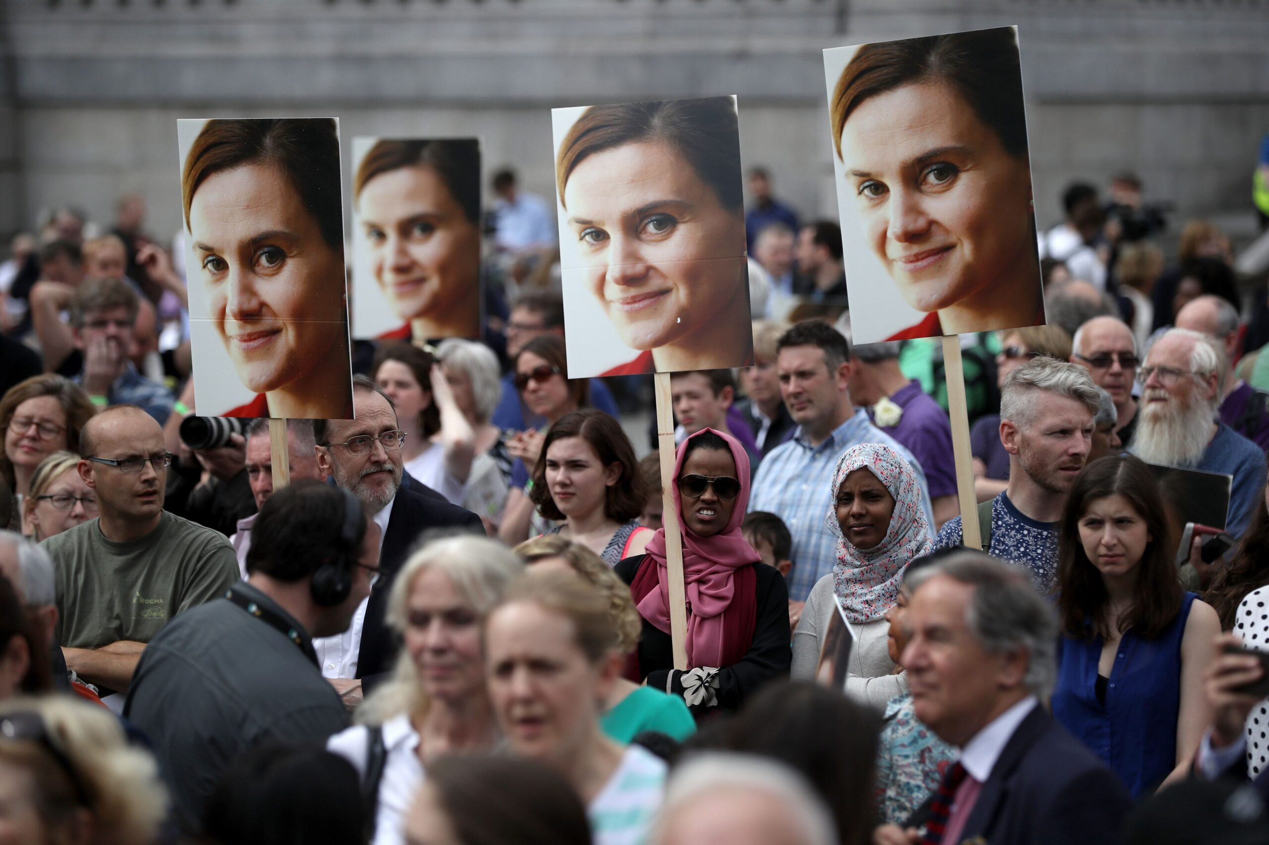 Members of the public attend a memorial event for murdered Labour MP Jo Cox at Trafalger Square on June 22, 2016 in London, United Kingdom.