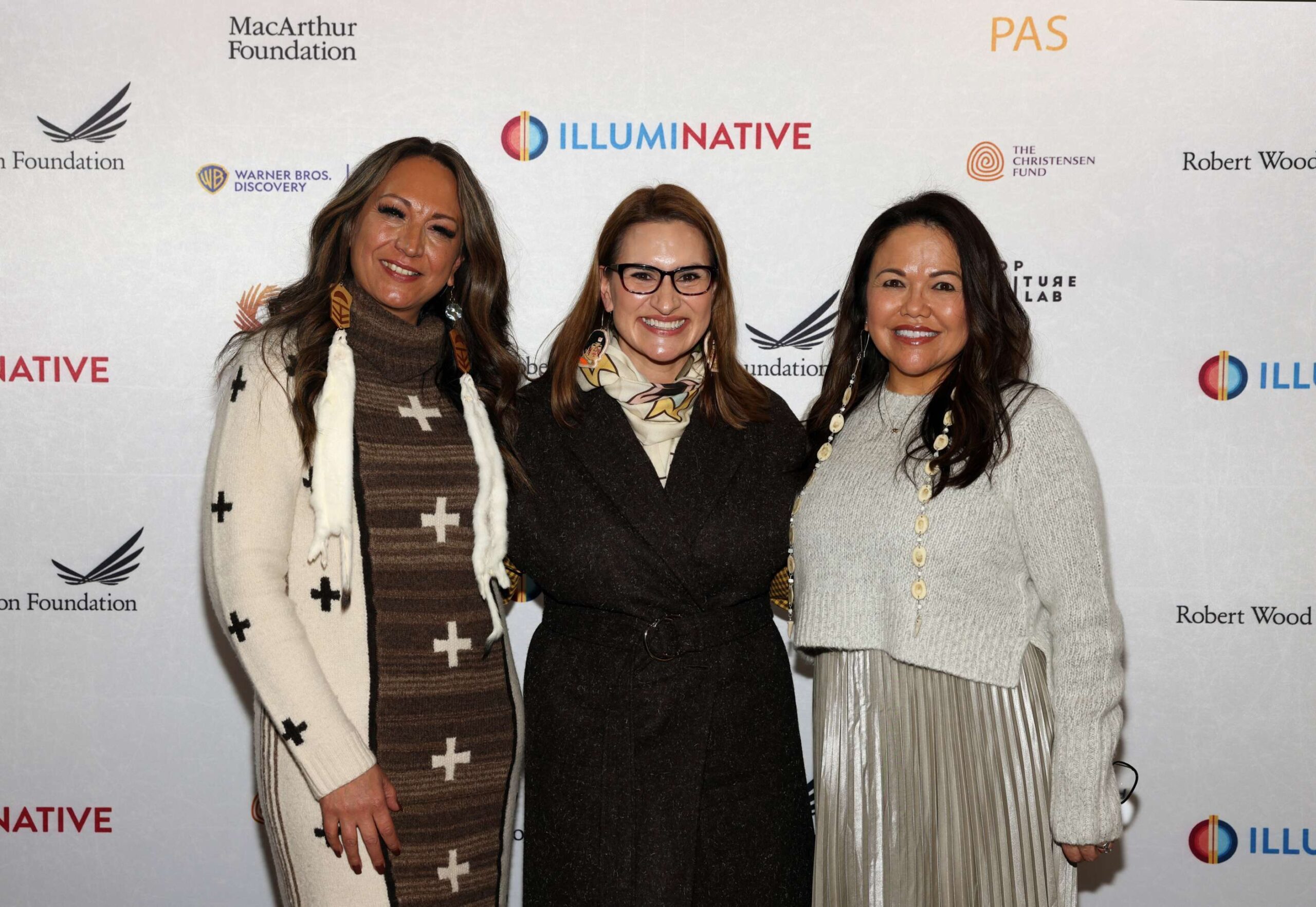 Crystal Echo Hawk, from left, with Minnesota Lt. Gov. Peggy Flanagan, and Holly Cook Macarro, board chair of IllumiNative, attend Indigenous House: Sundance Film Festival 2024 in 2024.