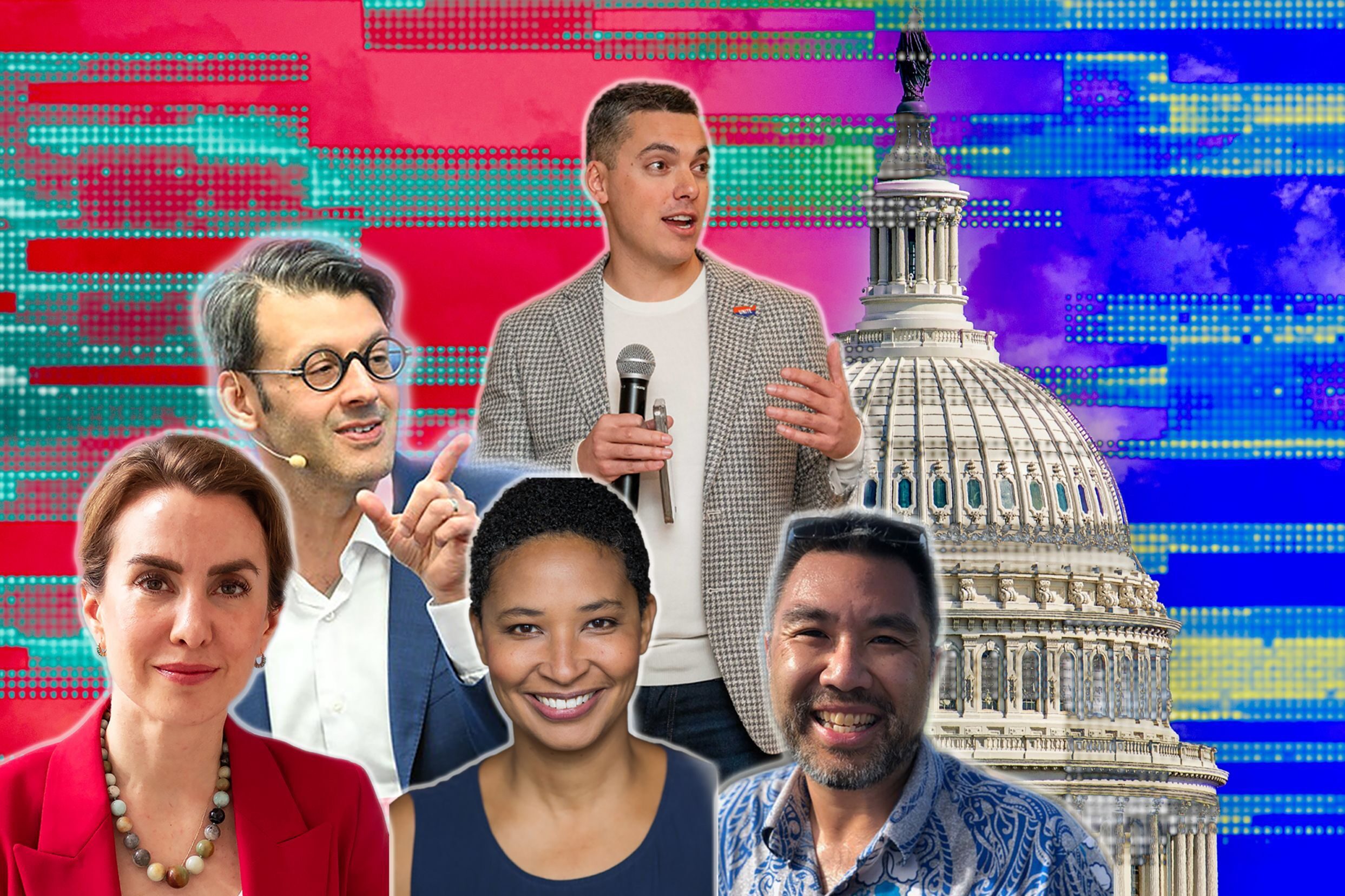 At front, from left, Meredith Sumpter, Danielle Allen, and George Cheung, and at back Lee Drutman and Nick Troiano.