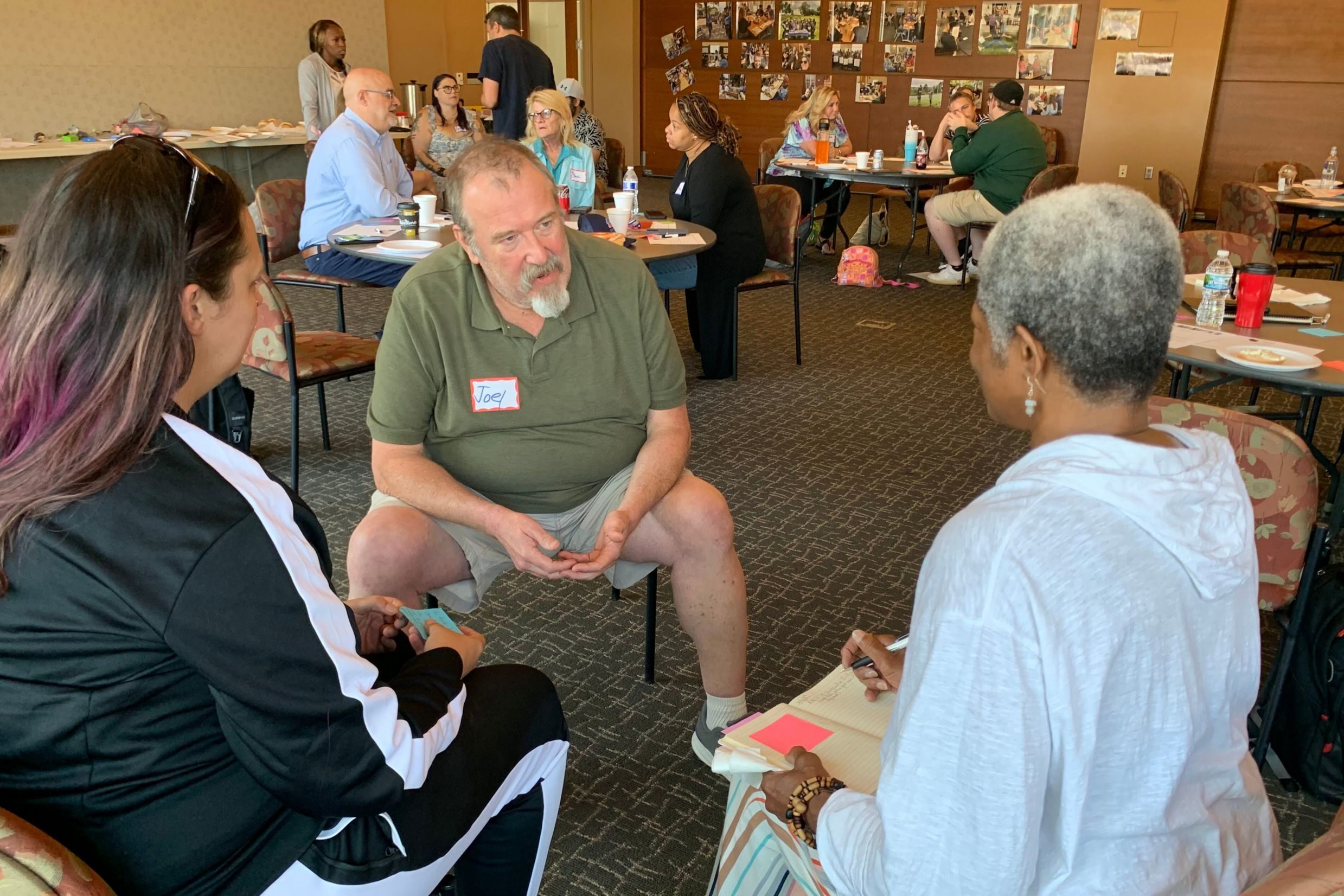 Members of Wisconsin Uniters use the ABCs of Constructive Conversation technique to explore each other’s perspectives during a Uniting to Prevent Targeted Violence in Southeast Wisconsin program gathering at the Kenosha Civil War Museum in Kenosha, Wisconsin on July 27, 2024.
