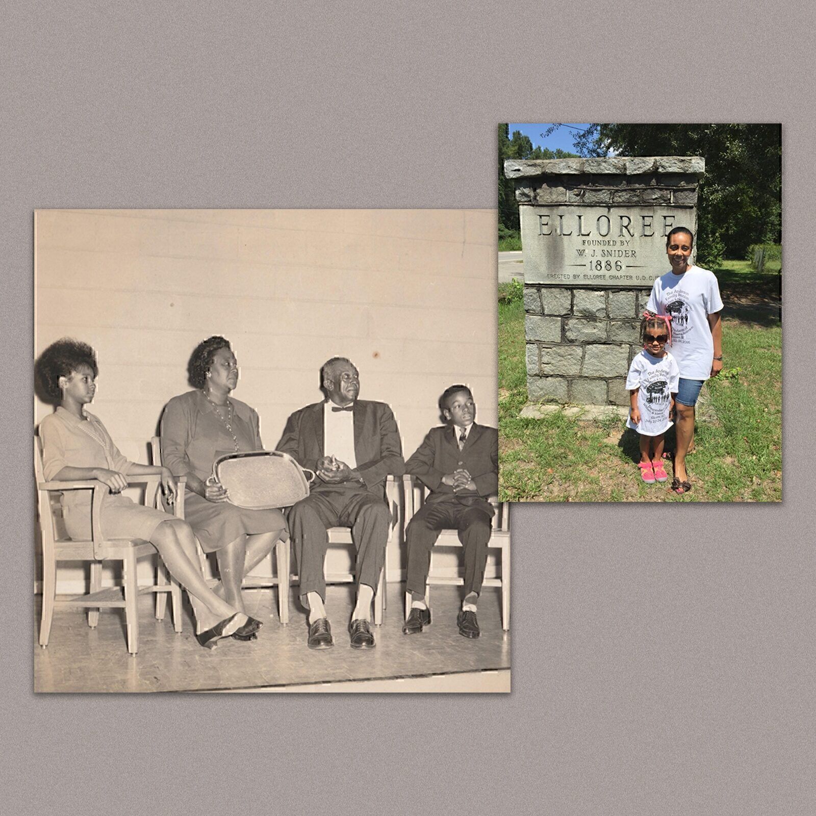 On the left, Tycely Williams’ grandparents, Lucille and R.J. Anderson, her mother, Jerona Anderson, and uncle, Raymond Anderson, are seen in 1963 receiving the county’s Farmers Association “Family of the Year” award at Wilkinson High School in Orangeburg, S.C.
On the right, Tycely Williams with her niece Emma Reid at a family reunion in 2016, at Shiloh A.M.E. Browning Branch Cemetery in Elloree, S.C.