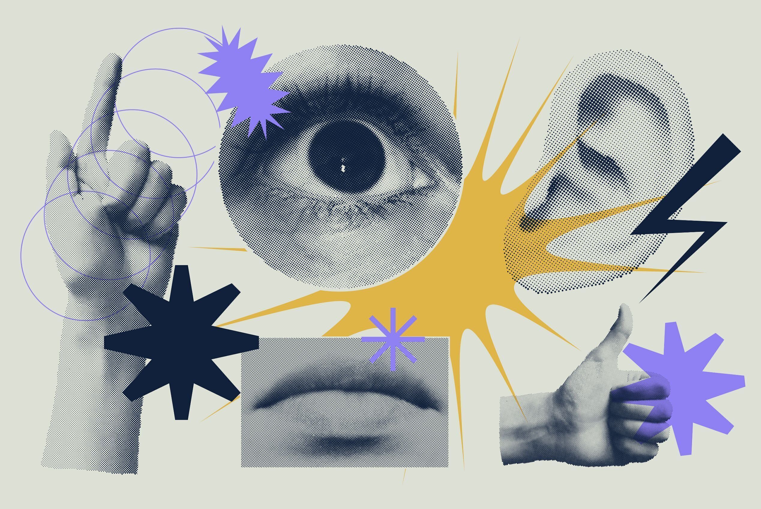 Universal trendy Halftone Clip art Set. Dotted Graphic Elements Shapes Objects. Sculptures and part of body. Suit for collages animation web social media ad