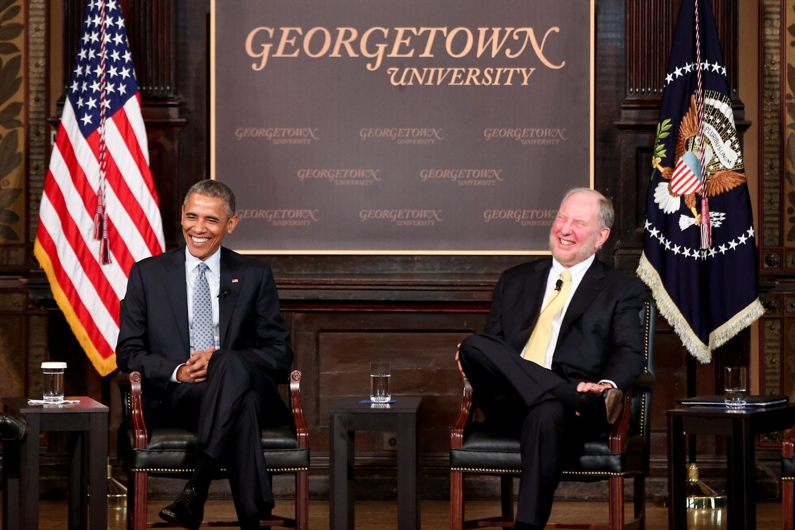 Harvard University Professor Robert Putnam and President Barack Obama participate in the Catholic-Evangelical Leadership Summit on Overcoming Poverty at Georgetown University in Washington, D.C., on May 12, 2015.