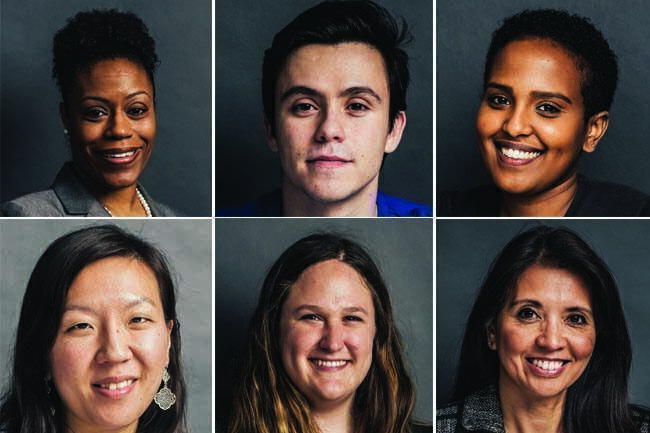 As it expanded in recent years, Lift, a national social-service group, added significant diversity to its ranks. Some 60 percent of its staff are people of color. Top row: Kristy Arnold, executive director; Collin Kee, national development coordinator; Miriam Kirubel, national program manager. Second row: Andrea Ruggirello, national grant-writing associate; Molly Mayer, operations associate; and Arceli “Pinky” Bacsinila, chief financial officer.