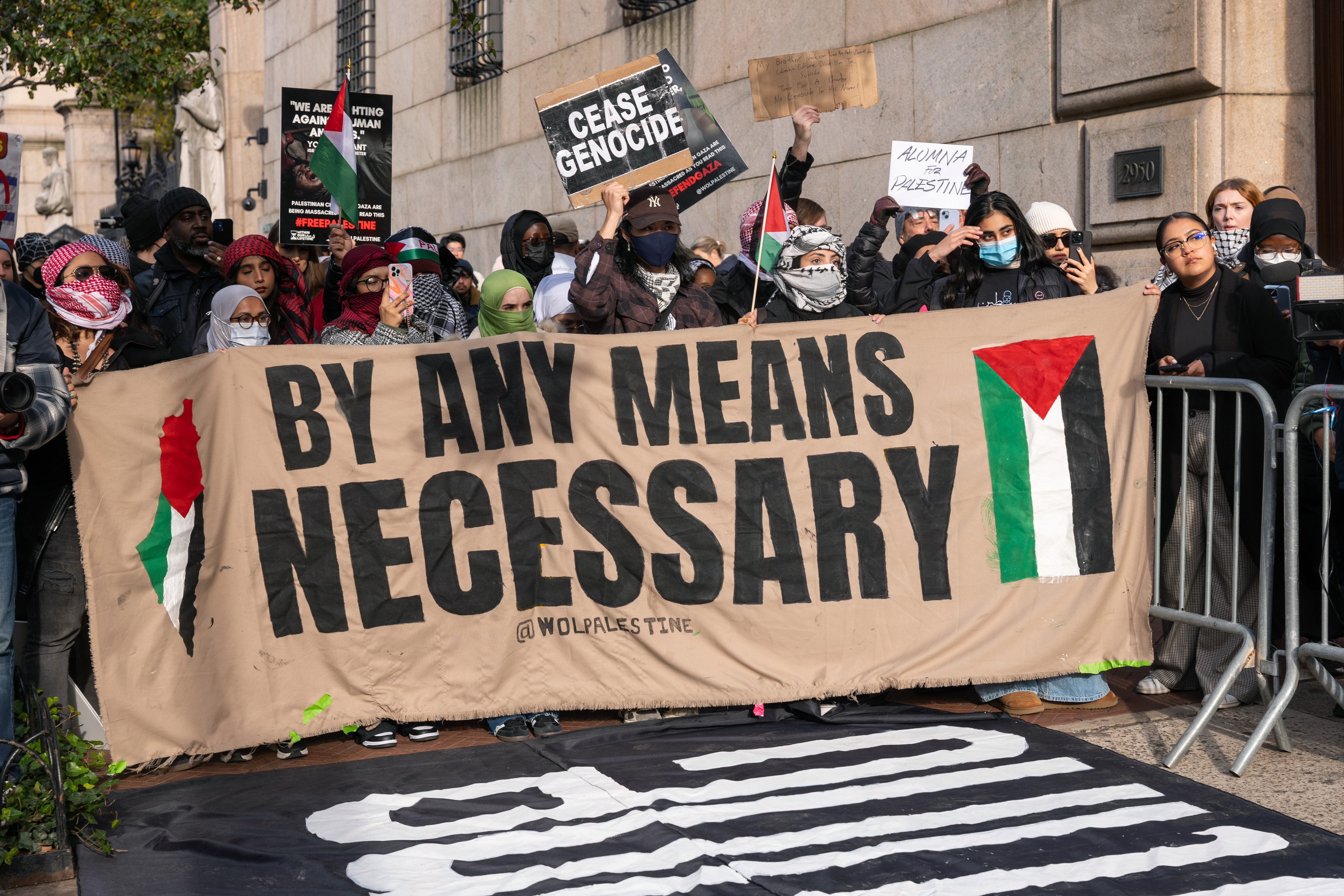 Students participate in a protest in support of Palestine and for free speech outside of the Columbia University campus on November 15, 2023 in New York City.