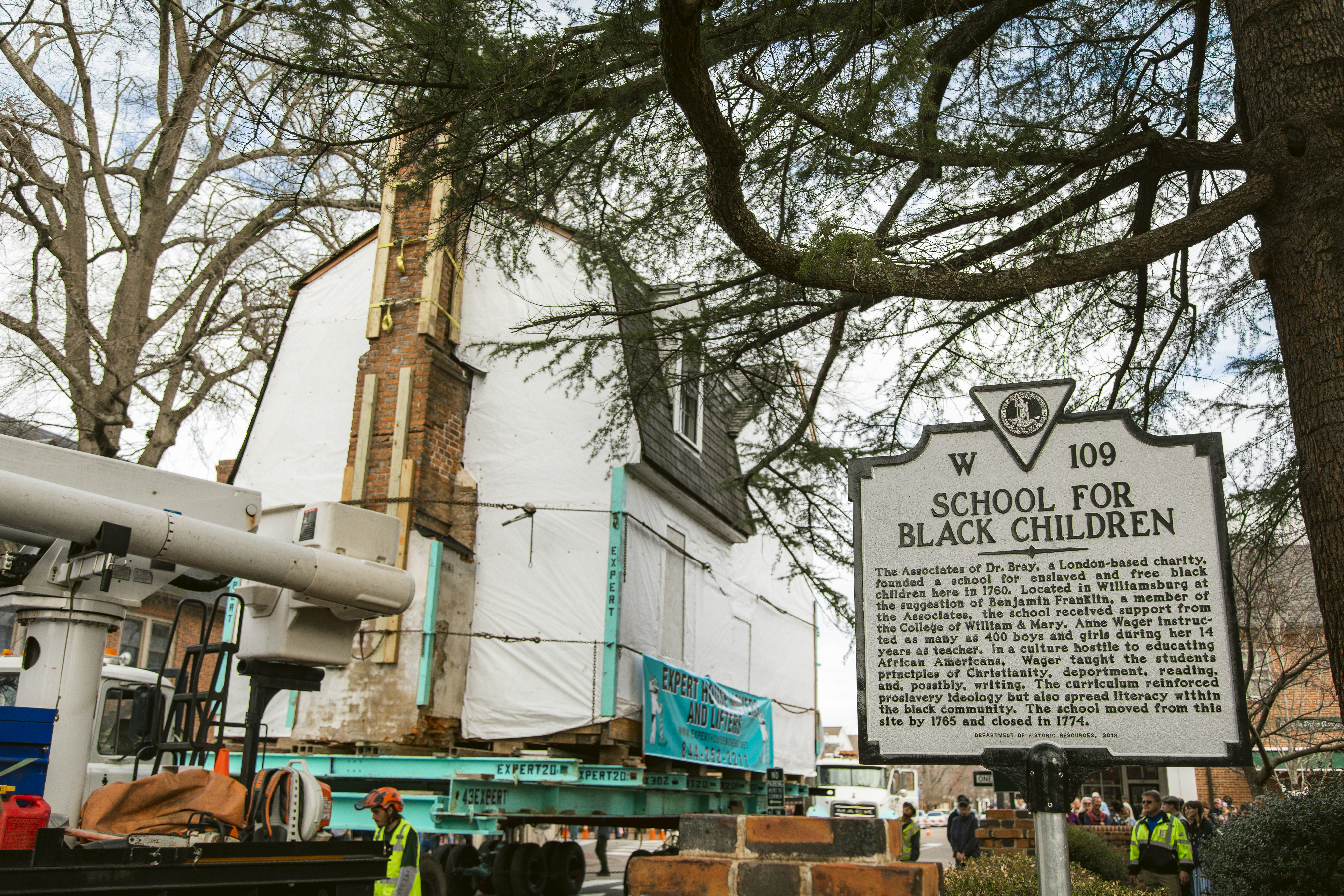 The move of The Williamsburg Bray School to the Historic Area of Colonial Williamsburg on Feb. 10, 2023.
