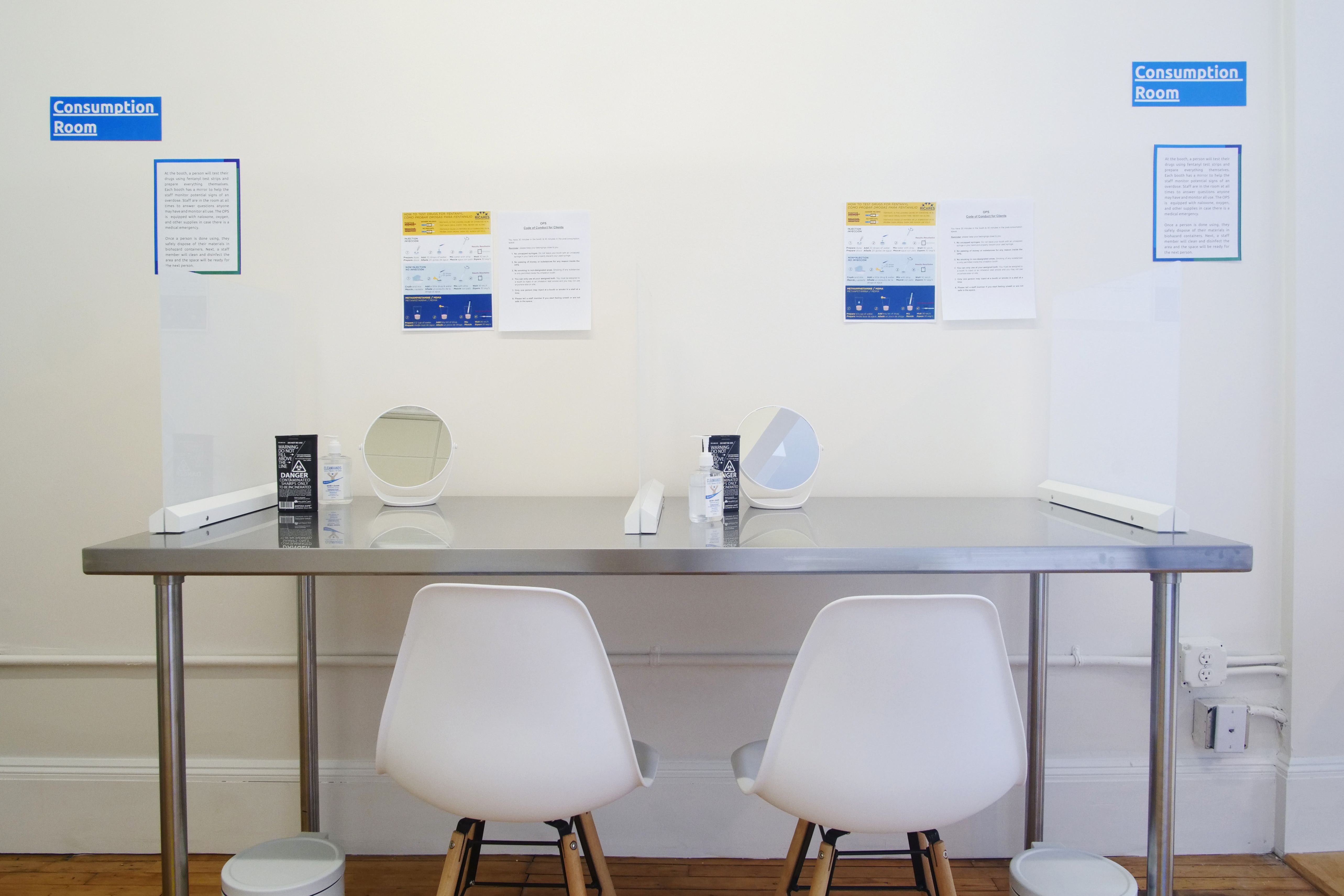 RI Cares educational exhibition is designed to show what an Overdose Prevention Site (OPS) could look like. The design for this exhibition is based on existing OPS found around the world. Specific services and protocols vary from site to site. Service models, potential locations, and operational logistics have not been established for a potential OPS in Rhode Island.