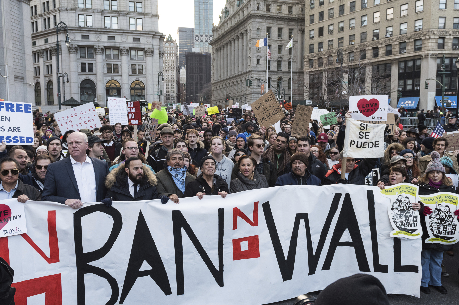New Yorkers rally on January 29 against President Trump’s order restricting U.S. entry by people from some Muslim-majority countries. Immigrant-rights groups like Make the Road New York, which organized the protest, are marshaling donors and volunteers to fight the new administration’s policies.