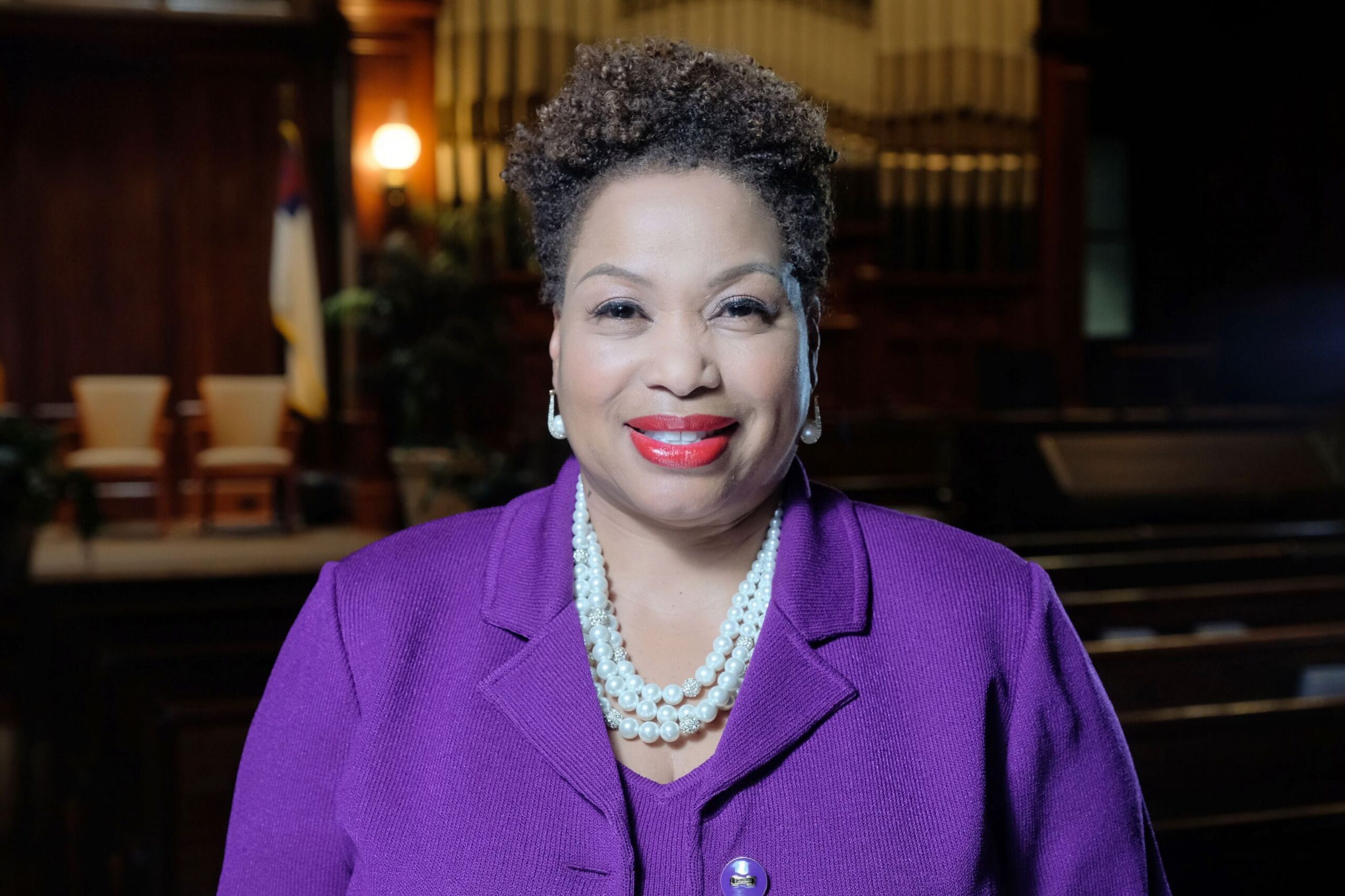 Dr. Carmen J. Walters, president of Tougaloo College, is pictured in historic Woodworth Chapel. 