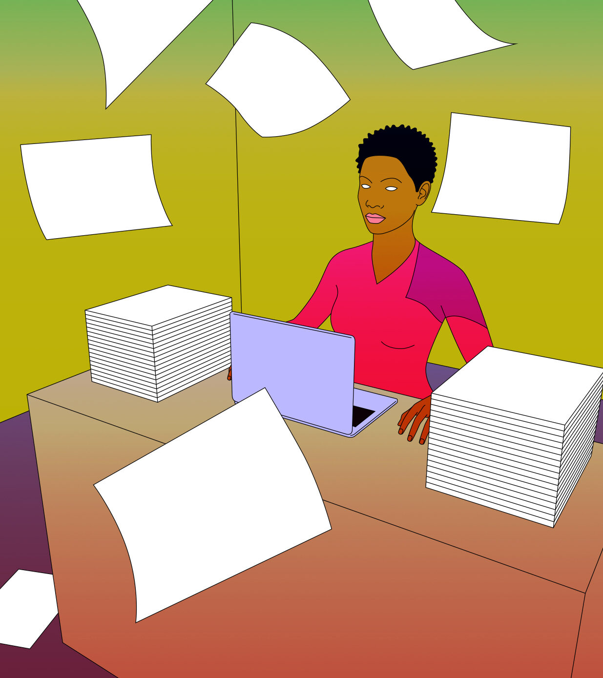 Illustration showing a woman at her desk, surrounded by stacks of documents and papers flying around.