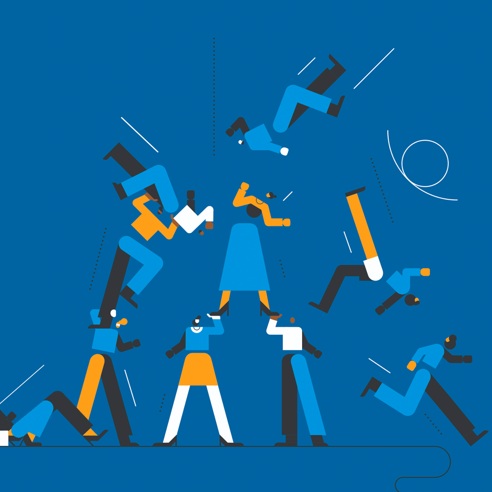 illustration of a human pyramid, with people jumping off, falling, and crumbling