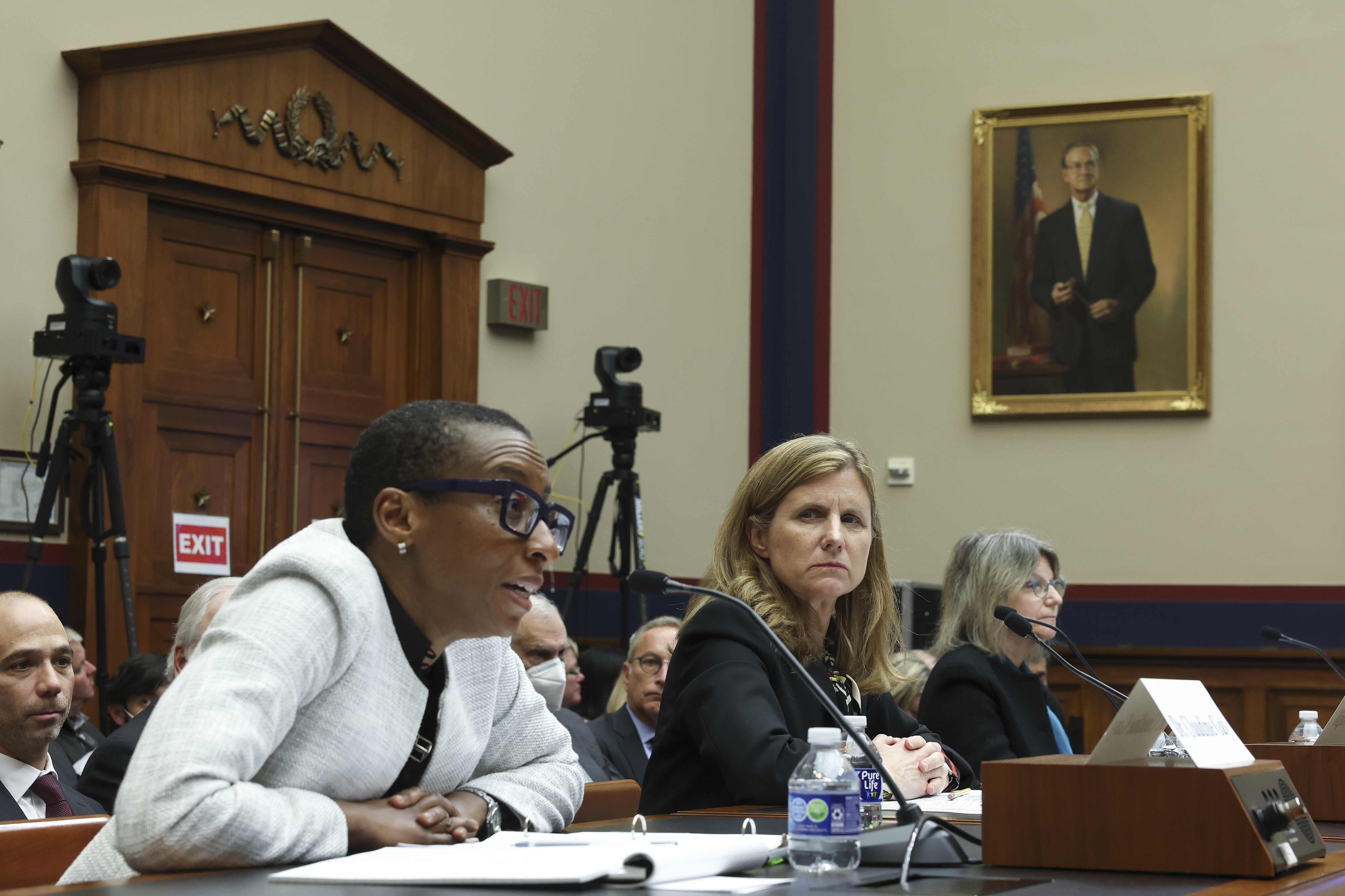 (L-R) Dr. Claudine Gay, President of Harvard University, Liz Magill, President of University of Pennsylvania, and Dr. Sally Kornbluth, President of Massachusetts Institute of Technology, testify before the House Education and Workforce Committee at the Rayburn House Office Building on December 05, 2023 in Washington, DC. The Committee held a hearing to investigate antisemitism on college campuses.