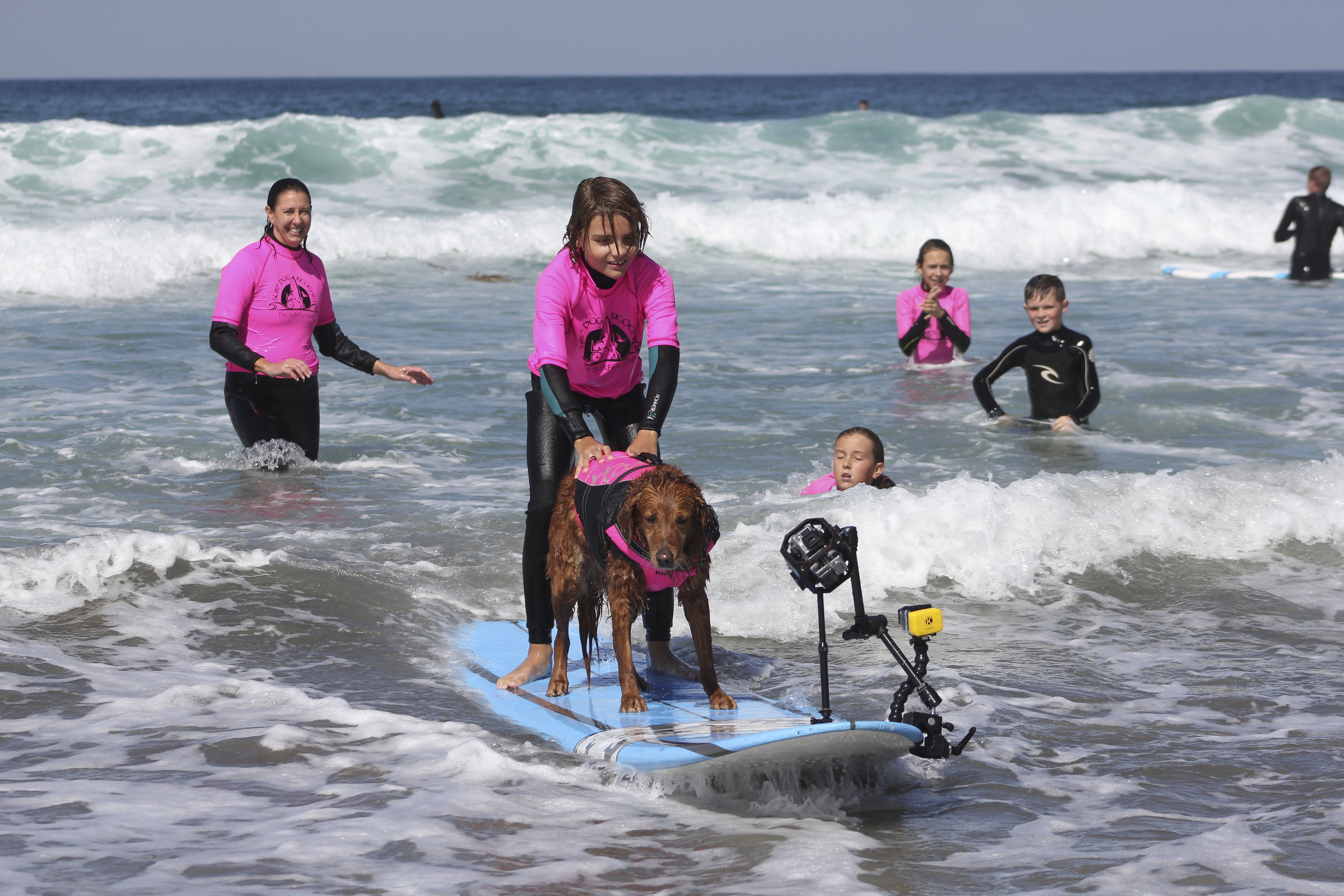 Ten-year-old West, who has autism, hits the waves with Ricochet. a service dog who surfs.