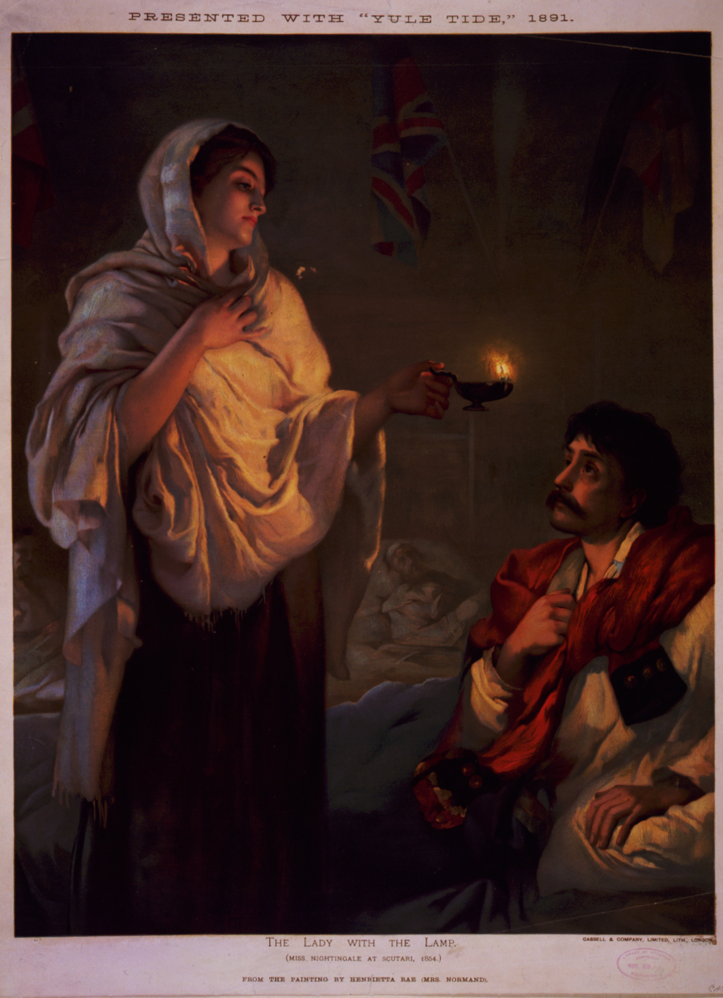 Florence Nightingale in “The Lady With the Lamp” from 1854. In 1855, the Nightingale Fund was established to support nursing efforts.
