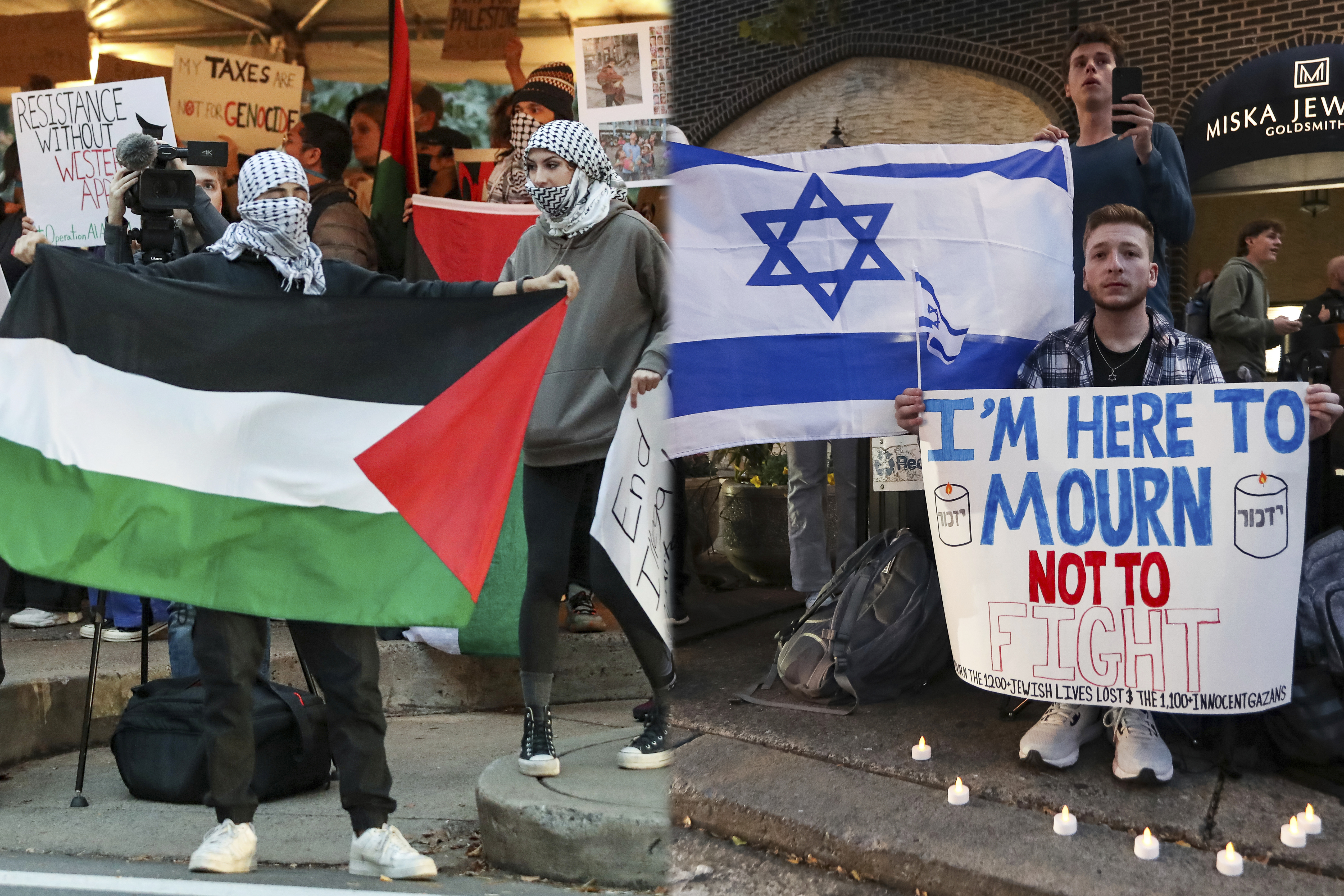 Two photos showing members of the Students for Justice in Palestine, a pro-Palestine student organization, and a group of Israel supporters hold ing signs and flags at Penn State's Allen Street gates in State College, Pa., on October 12, 2023.