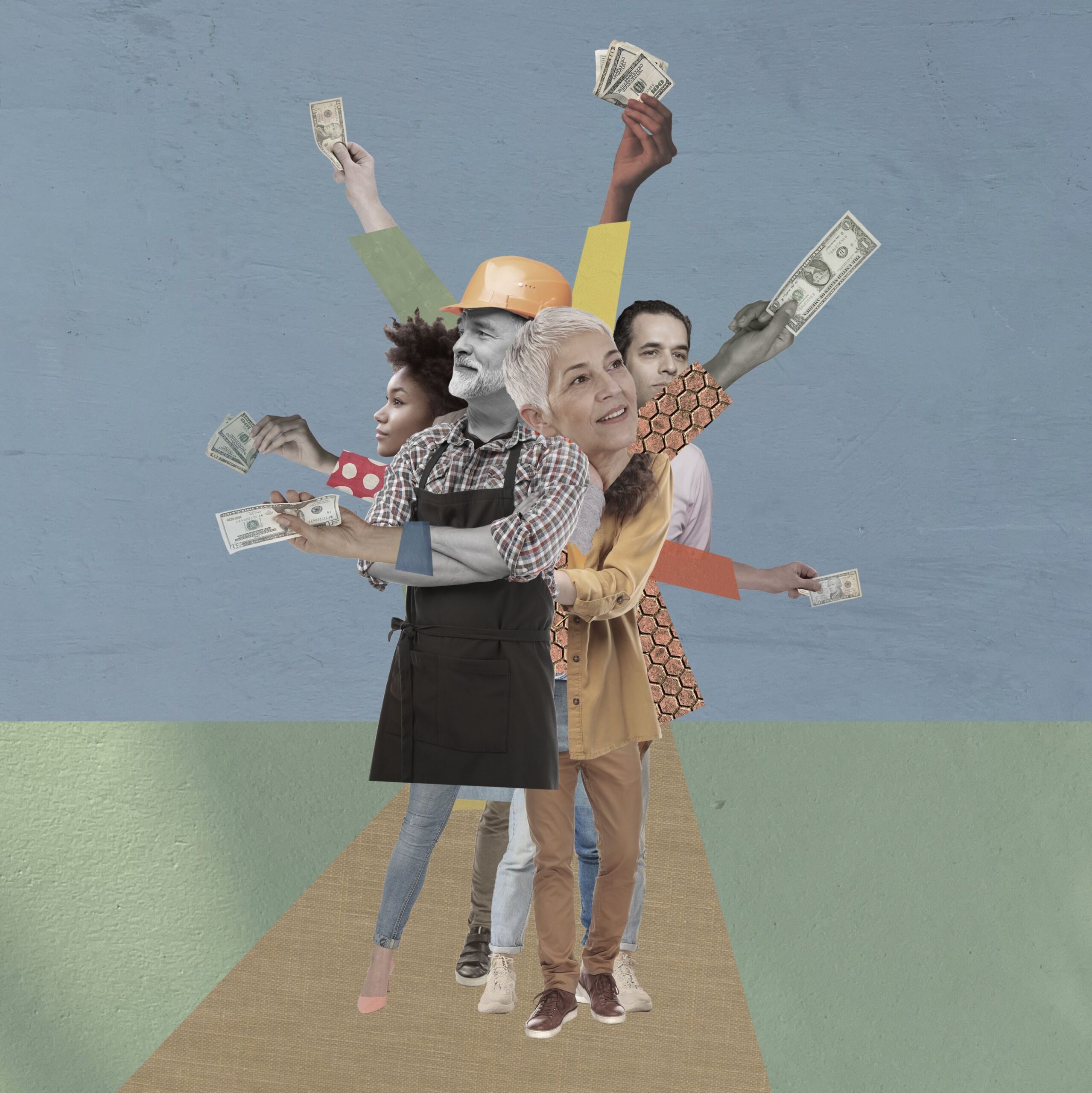 photo illustration of everyday donors with money in their hands