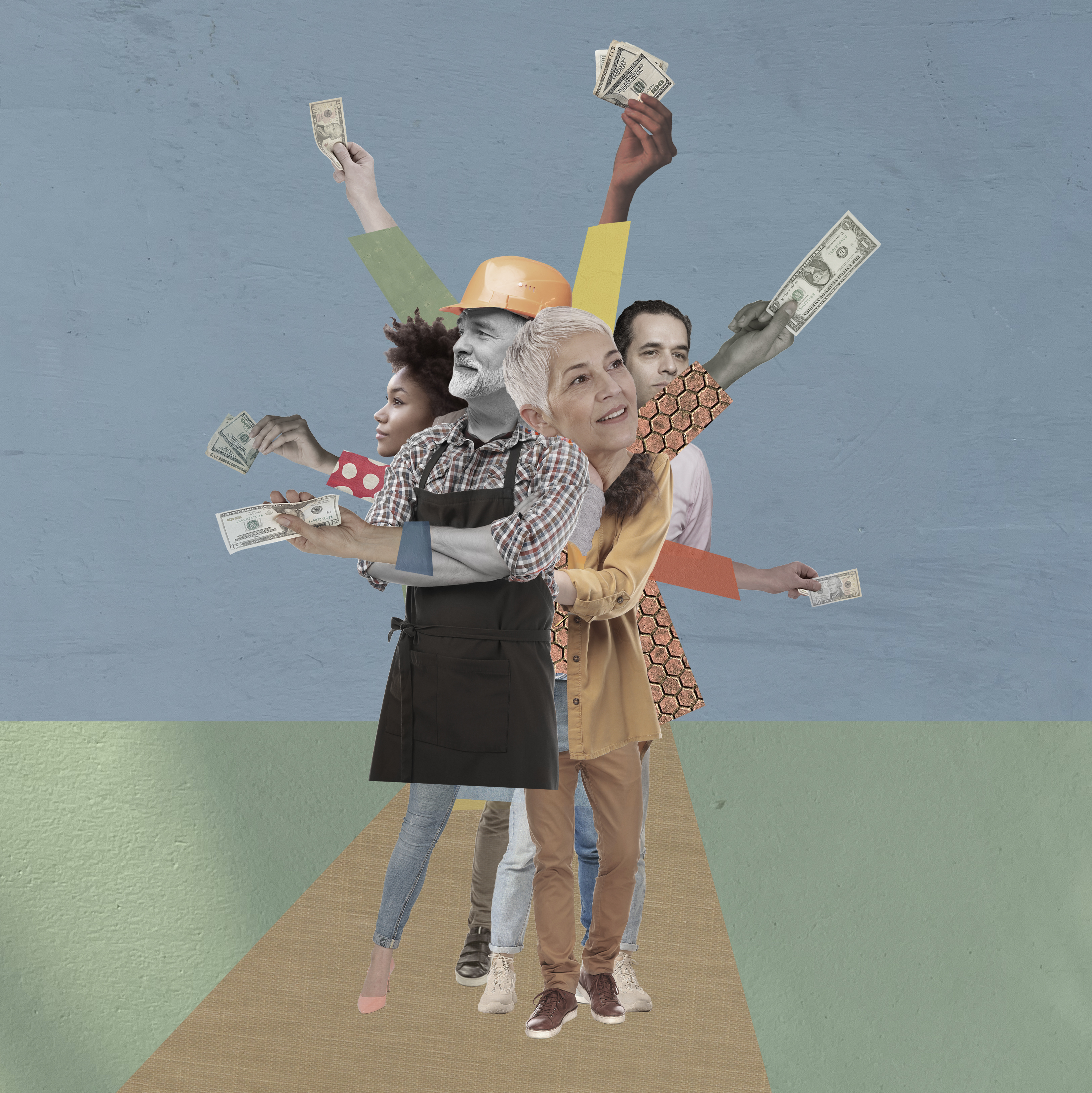 photo illustration of everyday donors with money in their hands